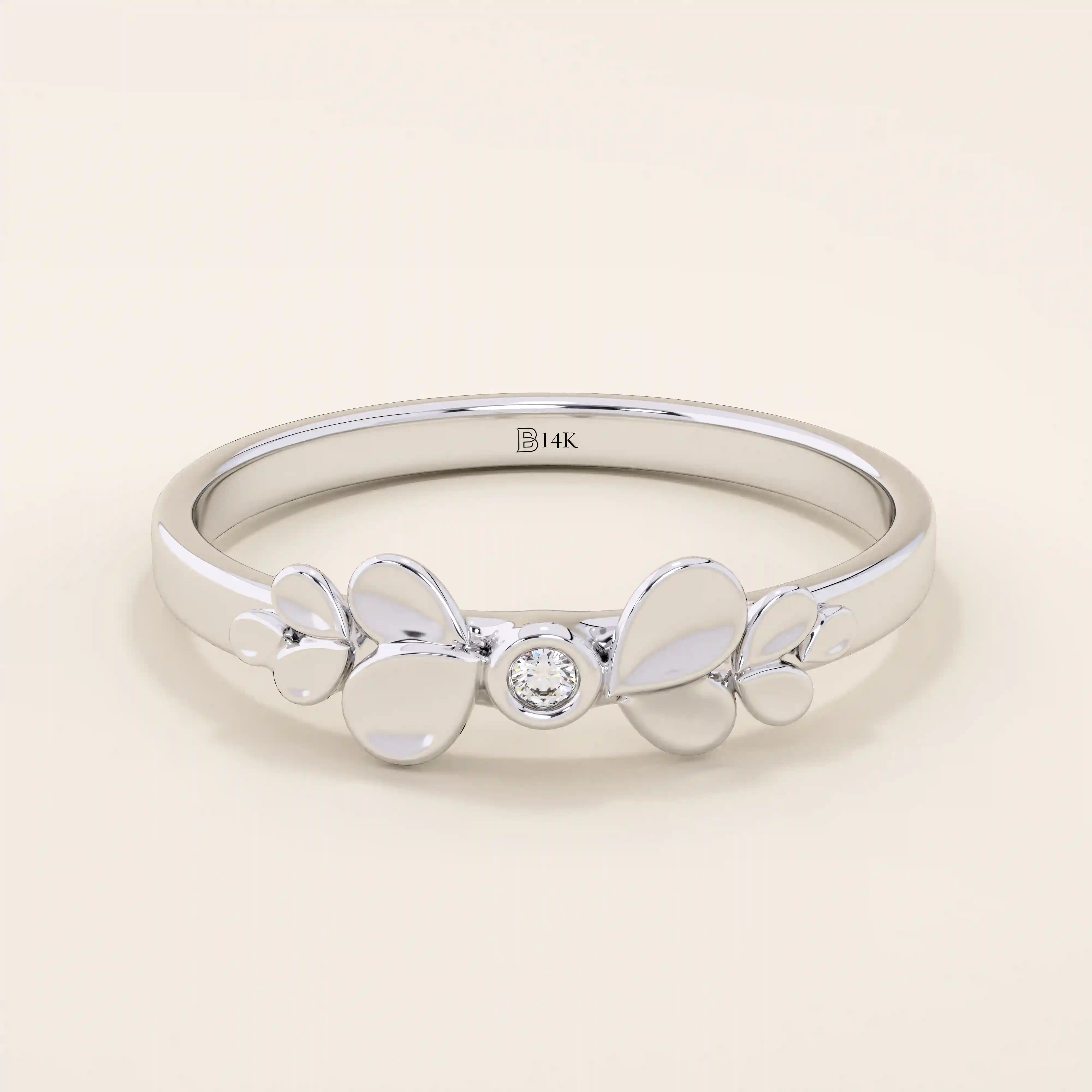 14k solid gold bezel set small moissanite leaf stackable wedding ring for women