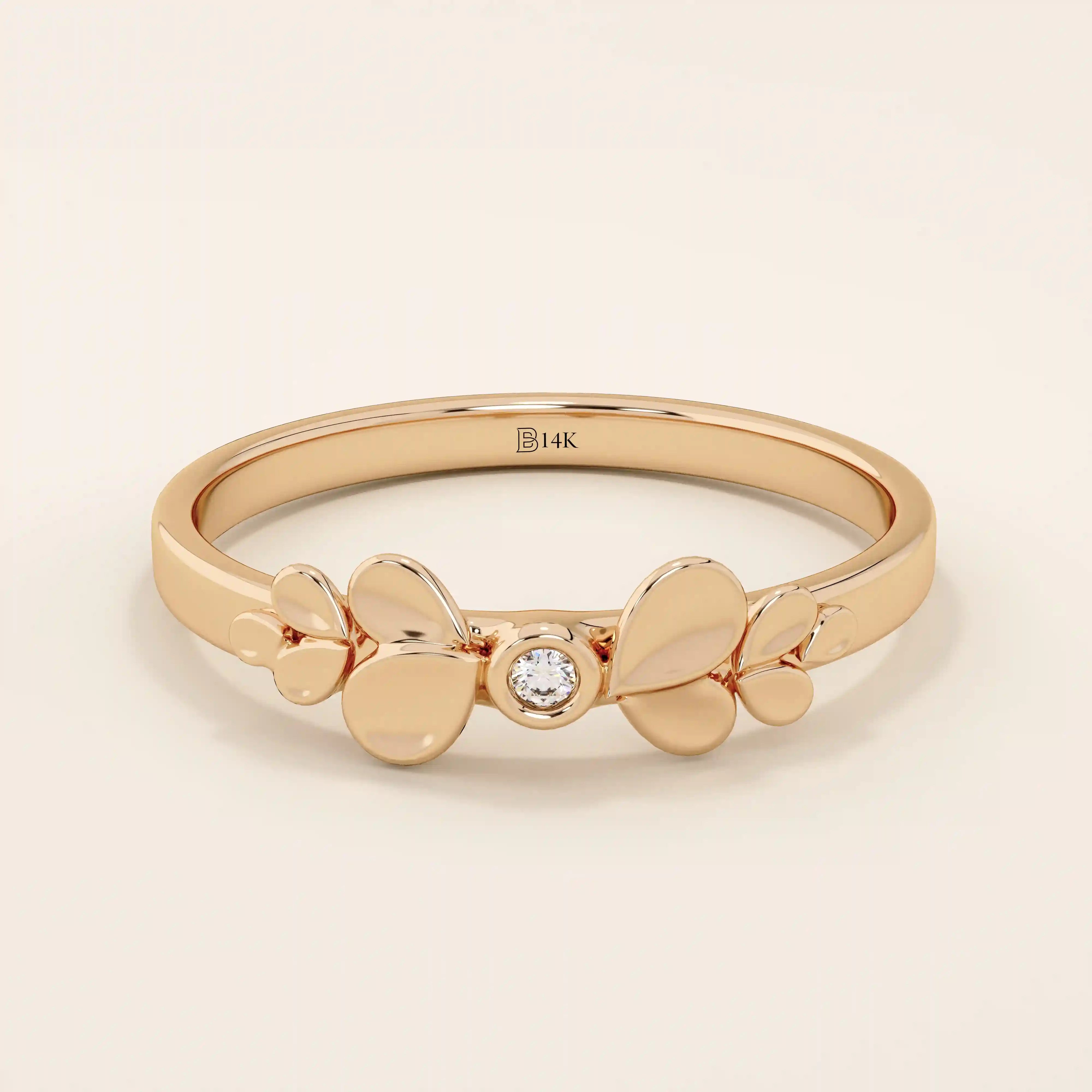 14k solid gold bezel set small moissanite leaf stackable wedding ring for women