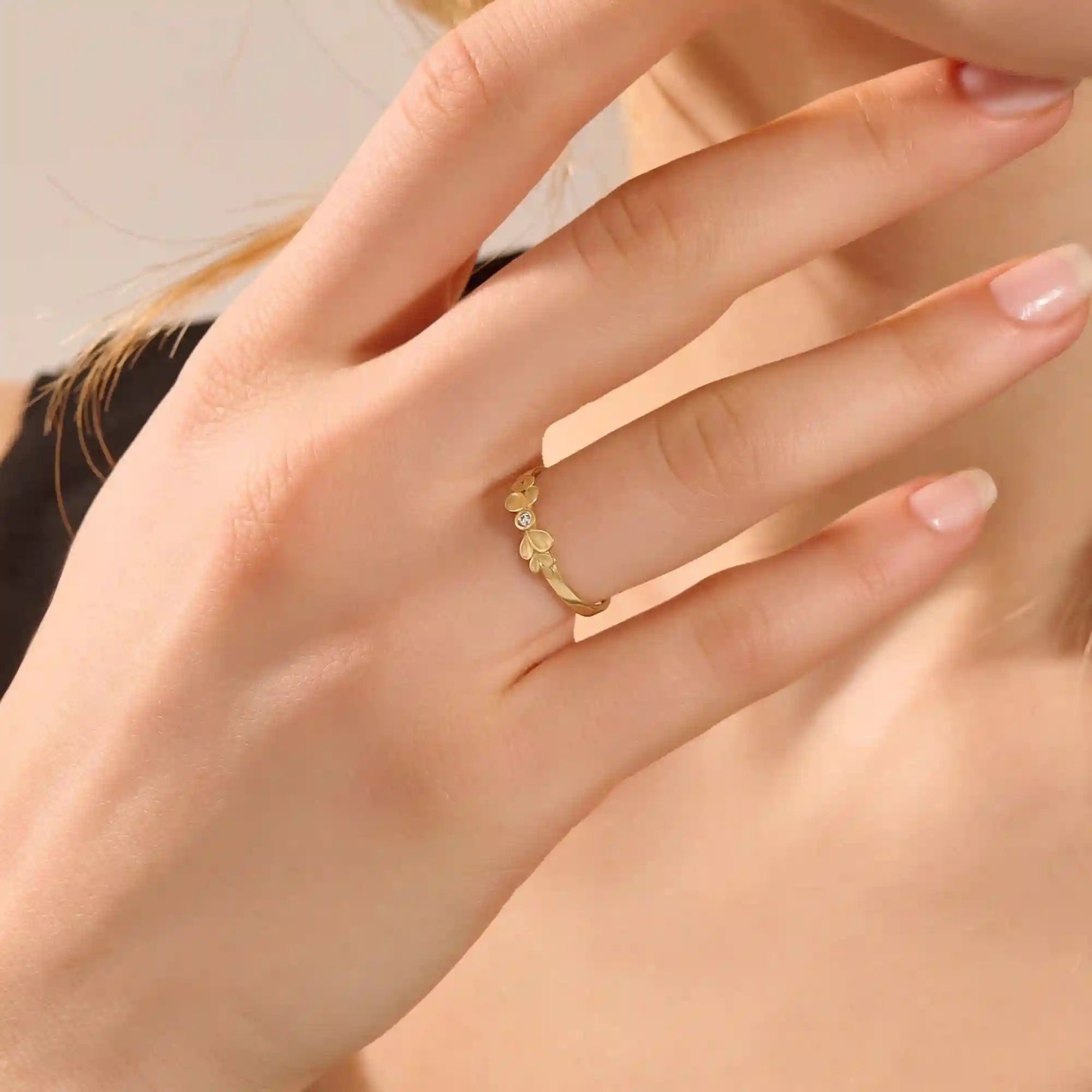14k solid gold bezel set small moissanite leaf stackable wedding ring for women