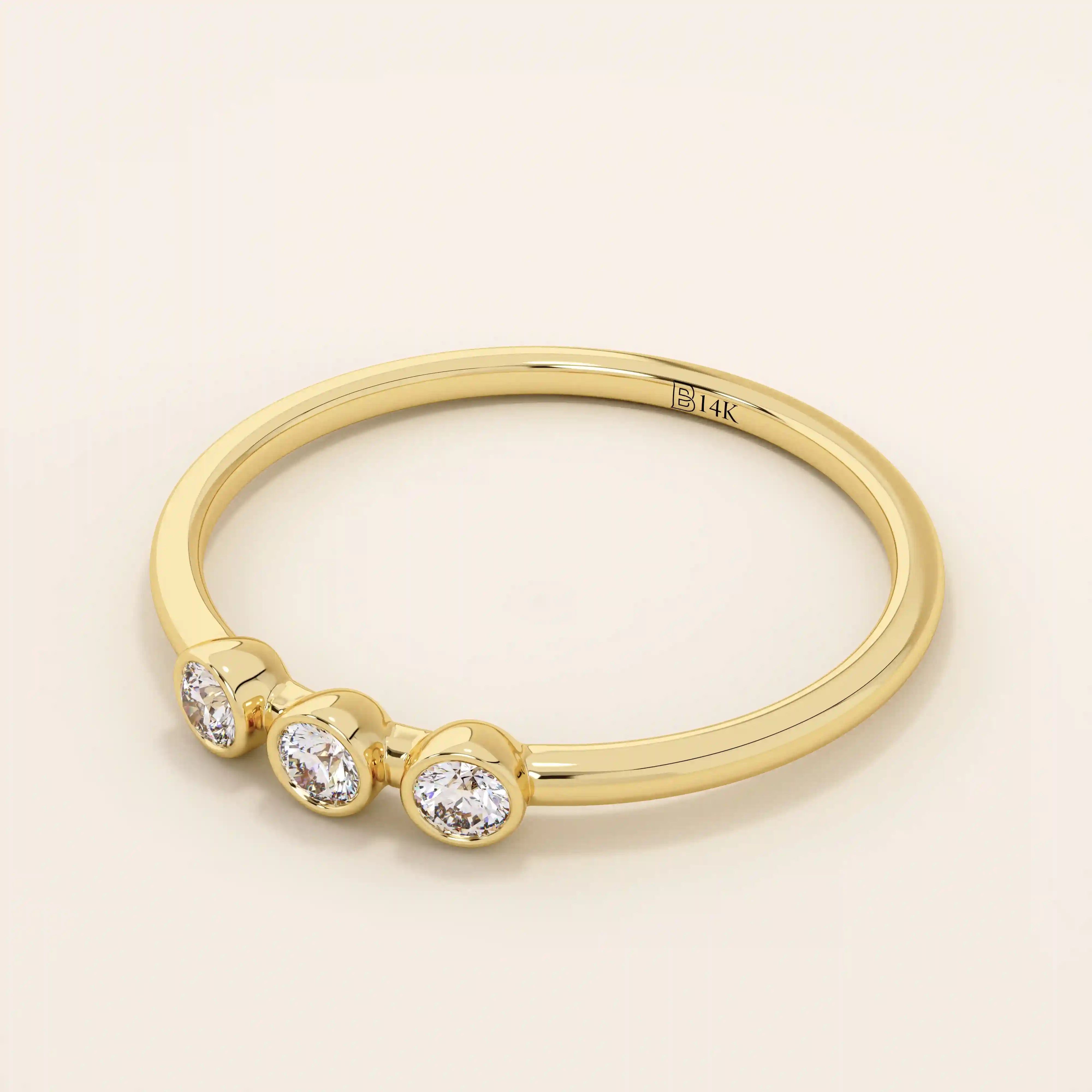 three bezel-set sparkling stones in brilliant 14k solid yellow gold slim band wedding stacking ring for women
