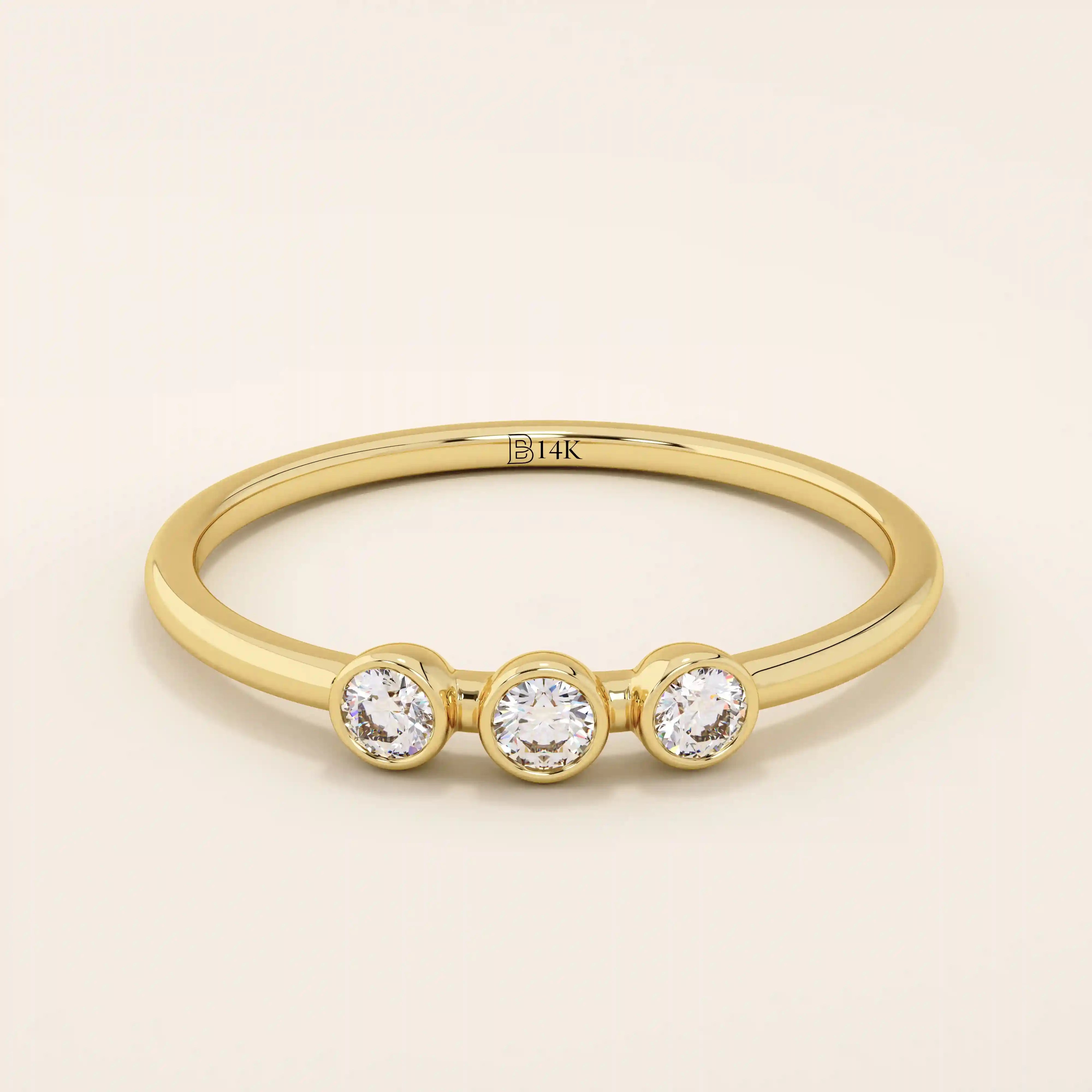 three bezel-set sparkling stones in brilliant 14k solid yellow gold slim band wedding stacking ring for women