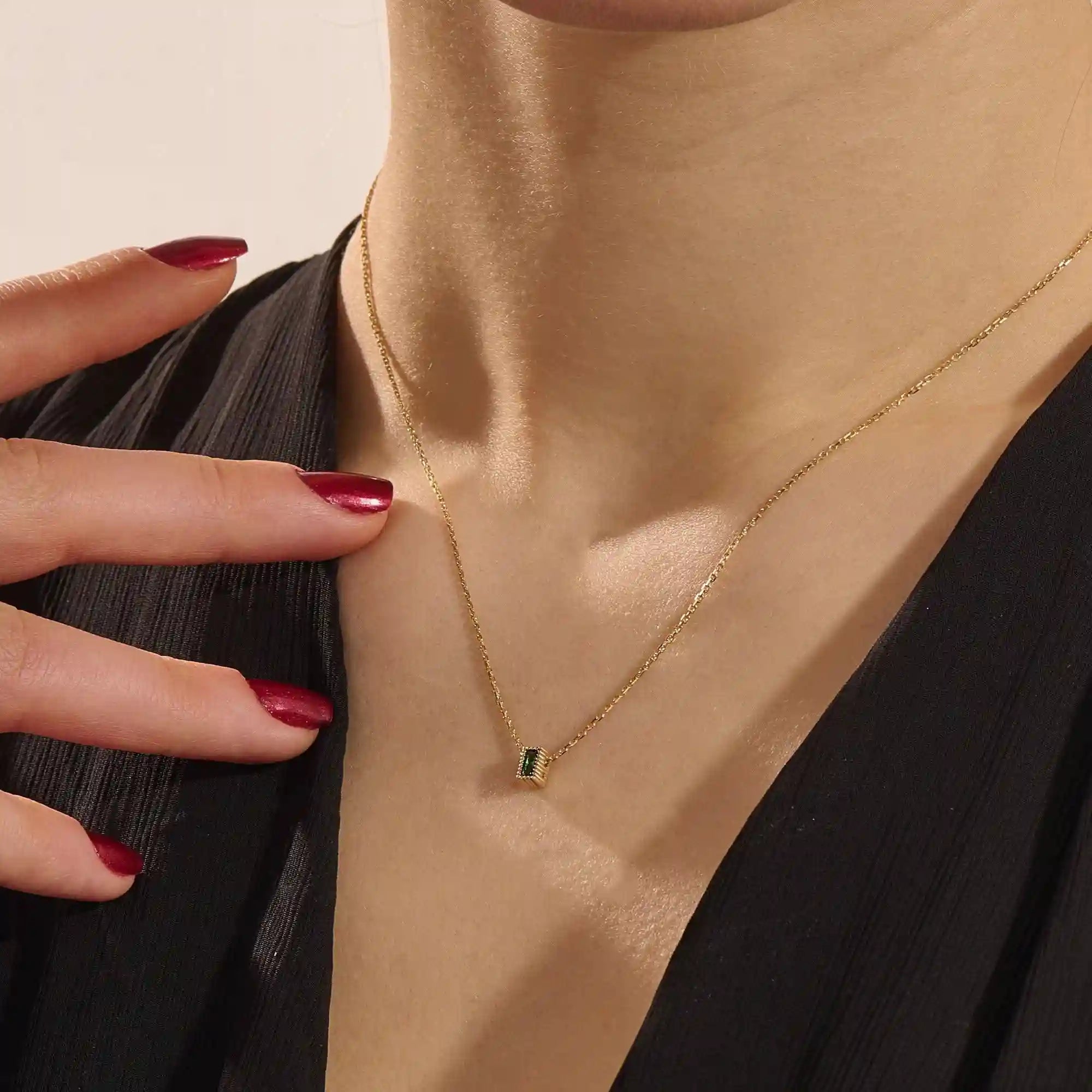 14K SOLID GOLD BIRTHSTONE BAGUETTE CUT BEZEL CHARM NECKLACE FOR WOMEN