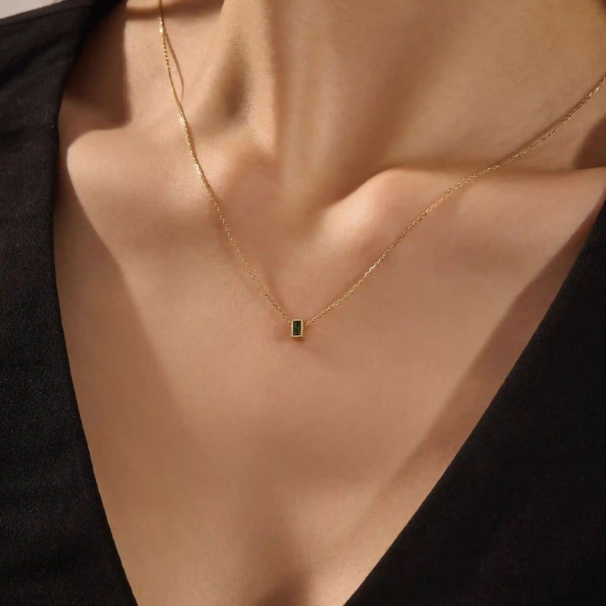 14K SOLID GOLD BIRTHSTONE BAGUETTE CUT BEZEL CHARM NECKLACE FOR WOMEN