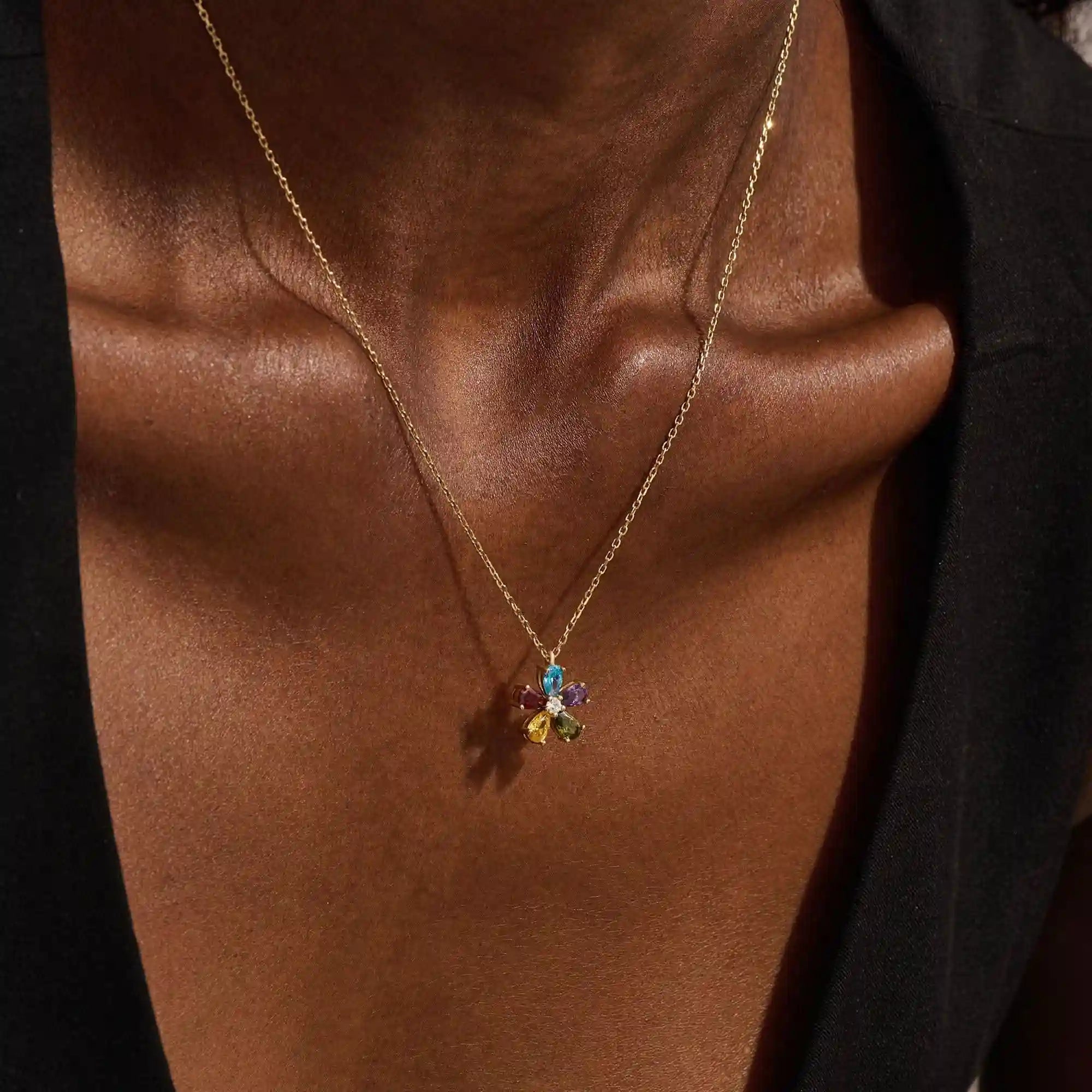 14k solid gold colorful pear birthstone flower cute pendant necklace for women