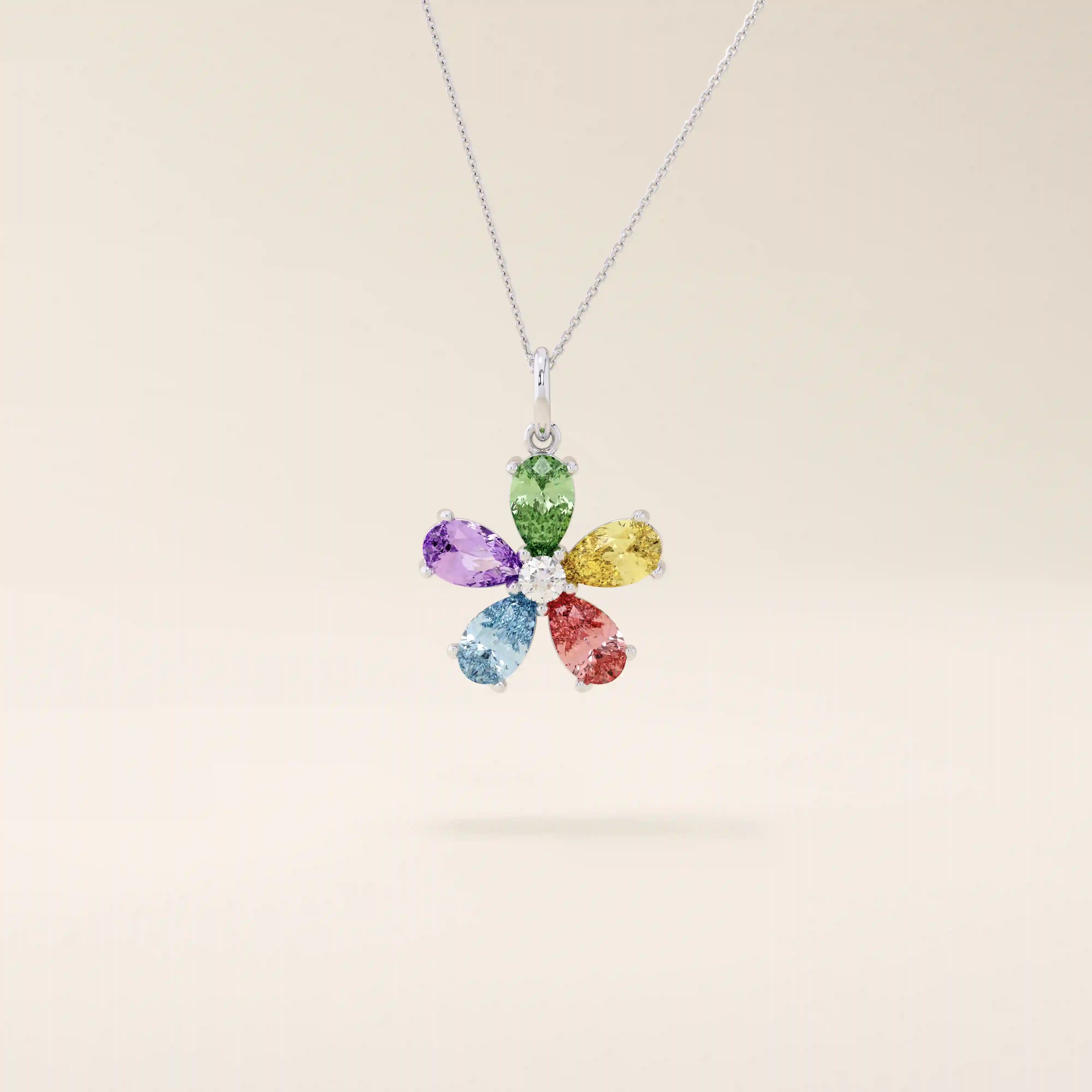 14k solid gold colorful pear birthstone flower cute pendant necklace for women