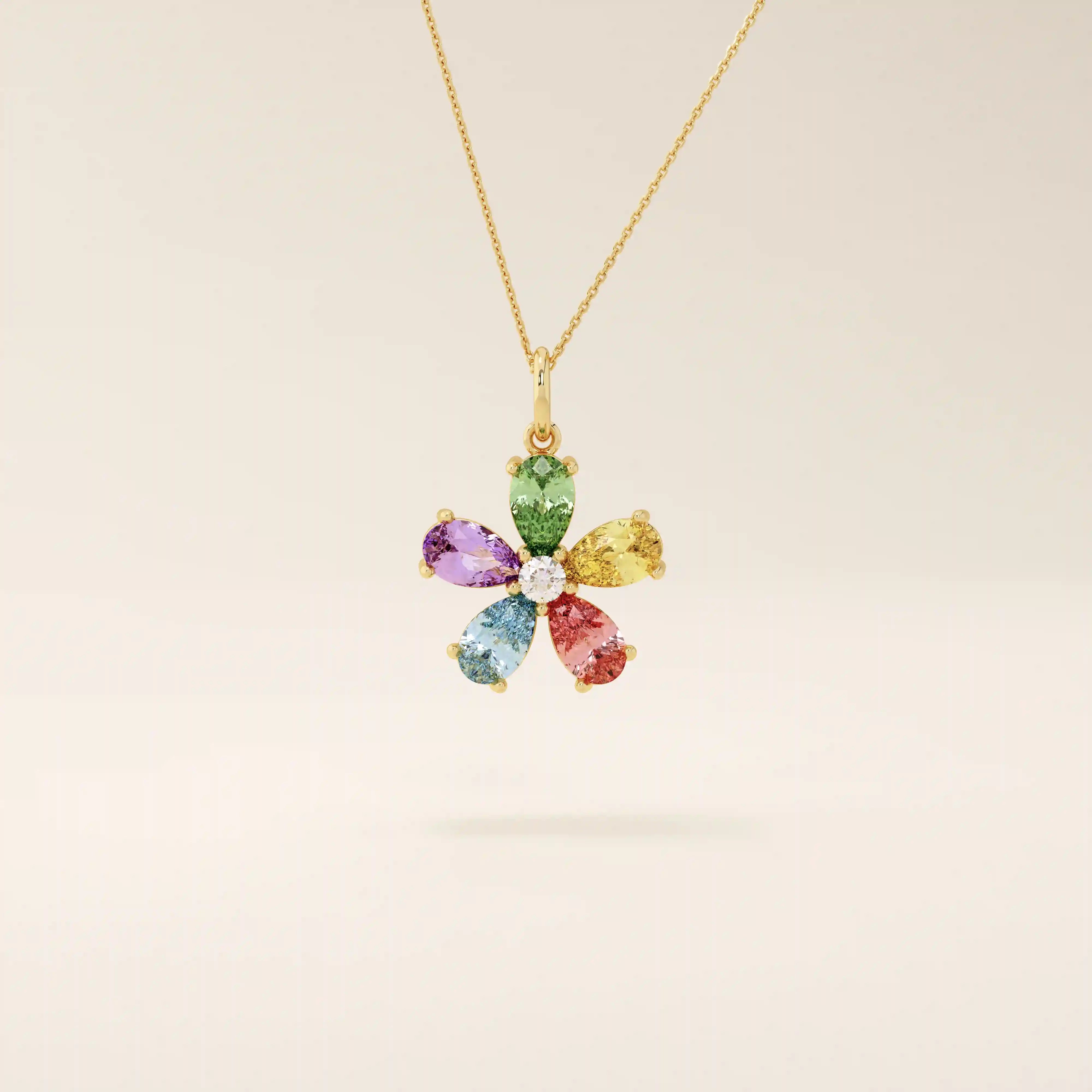 14k solid gold colorful pear birthstone flower cute pendant necklace for women