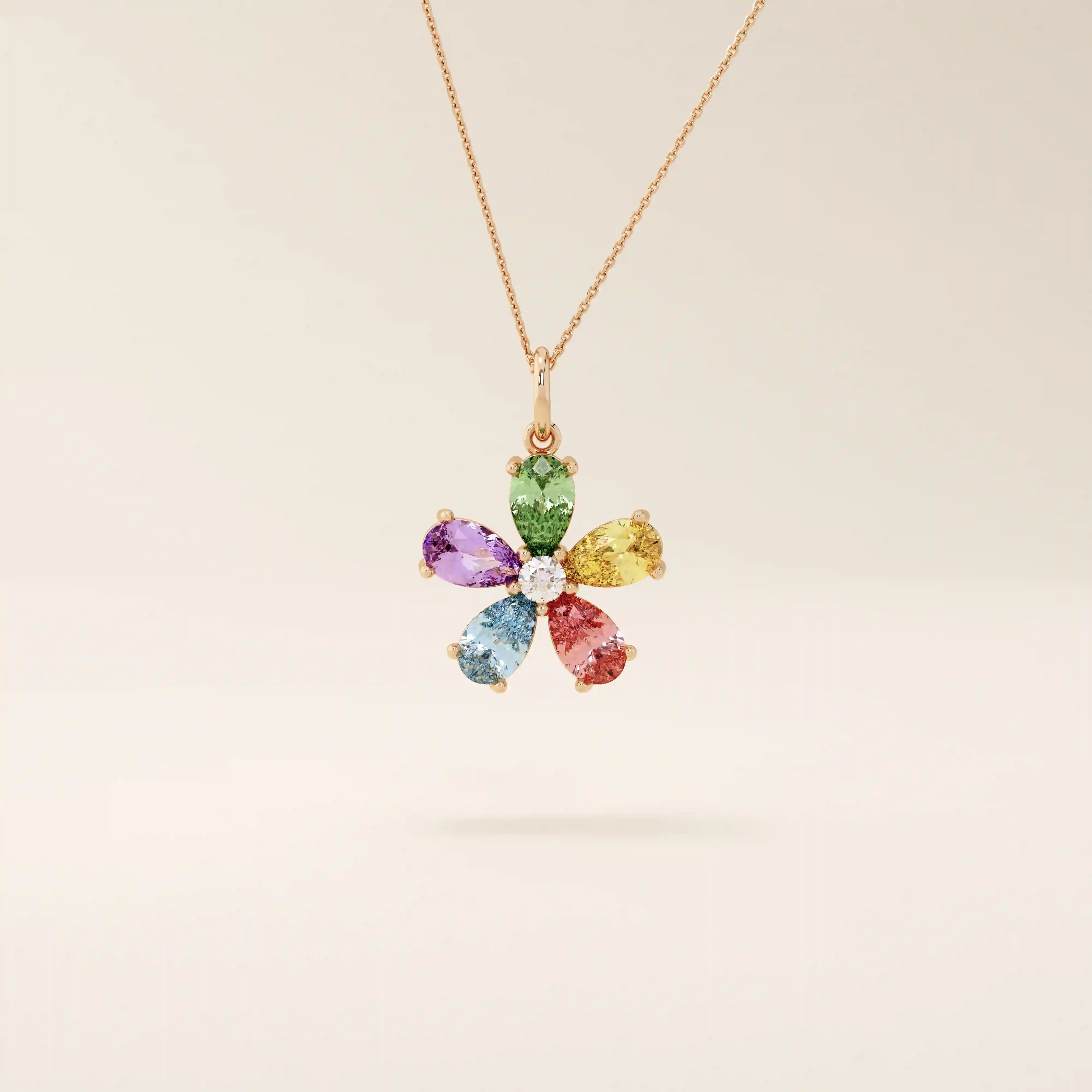 14k solid gold colorful pear birthstone flower cute pendant necklace for women