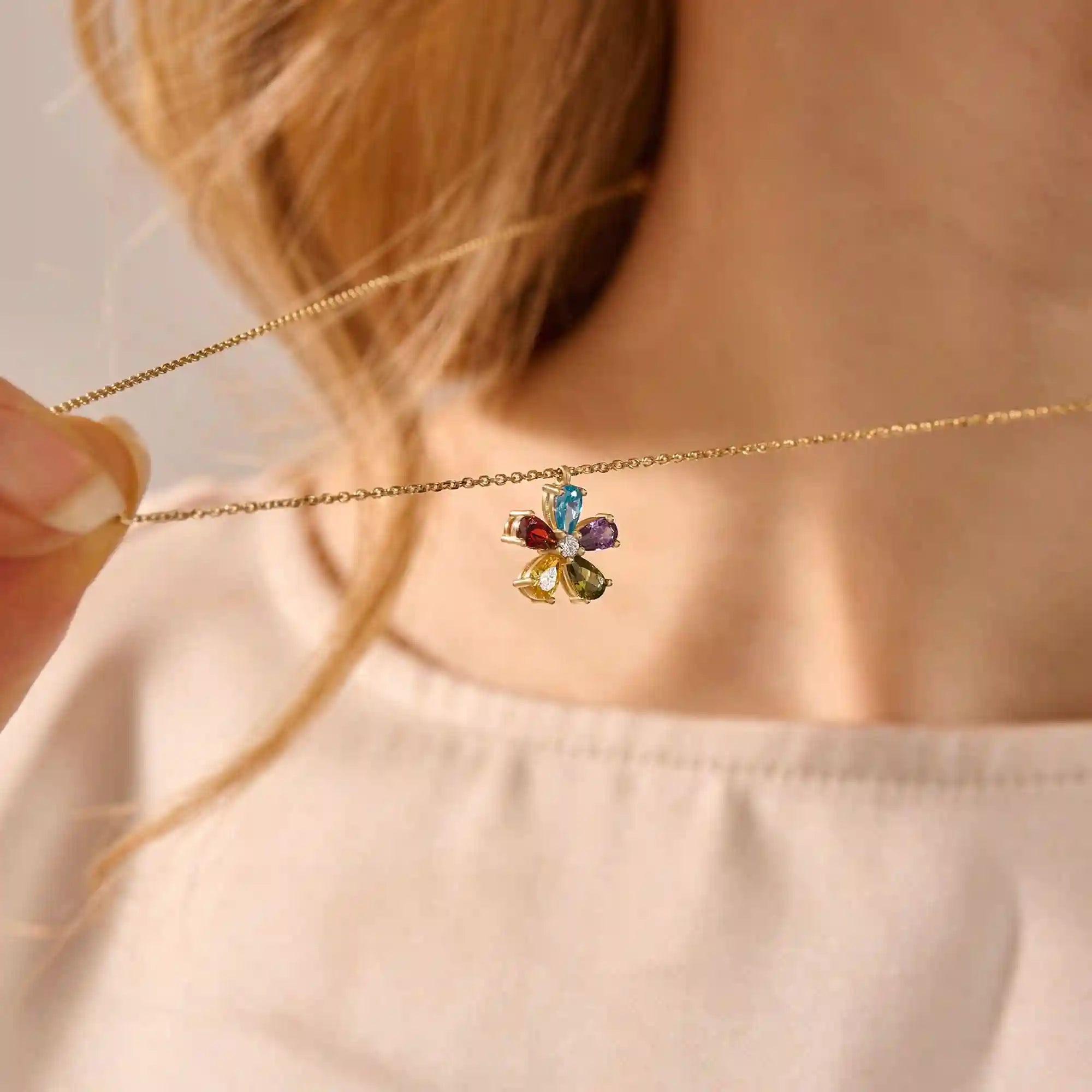 14k solid gold colorful pear birthstone flower cute pendant necklace for women