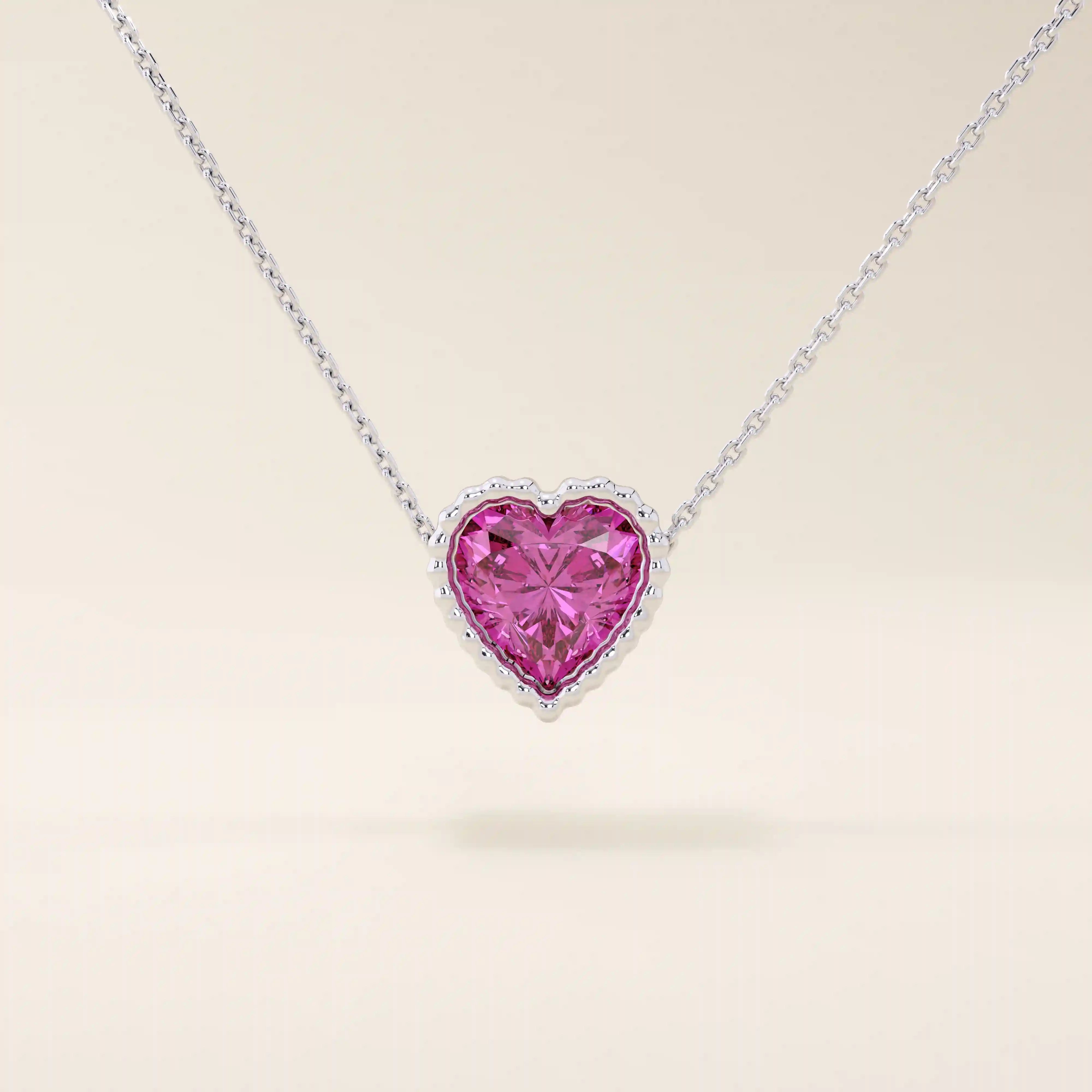 14K SOLID GOLD PINK HEART SHAPE MOVING CHARM NECKLACE FOR WOMEN