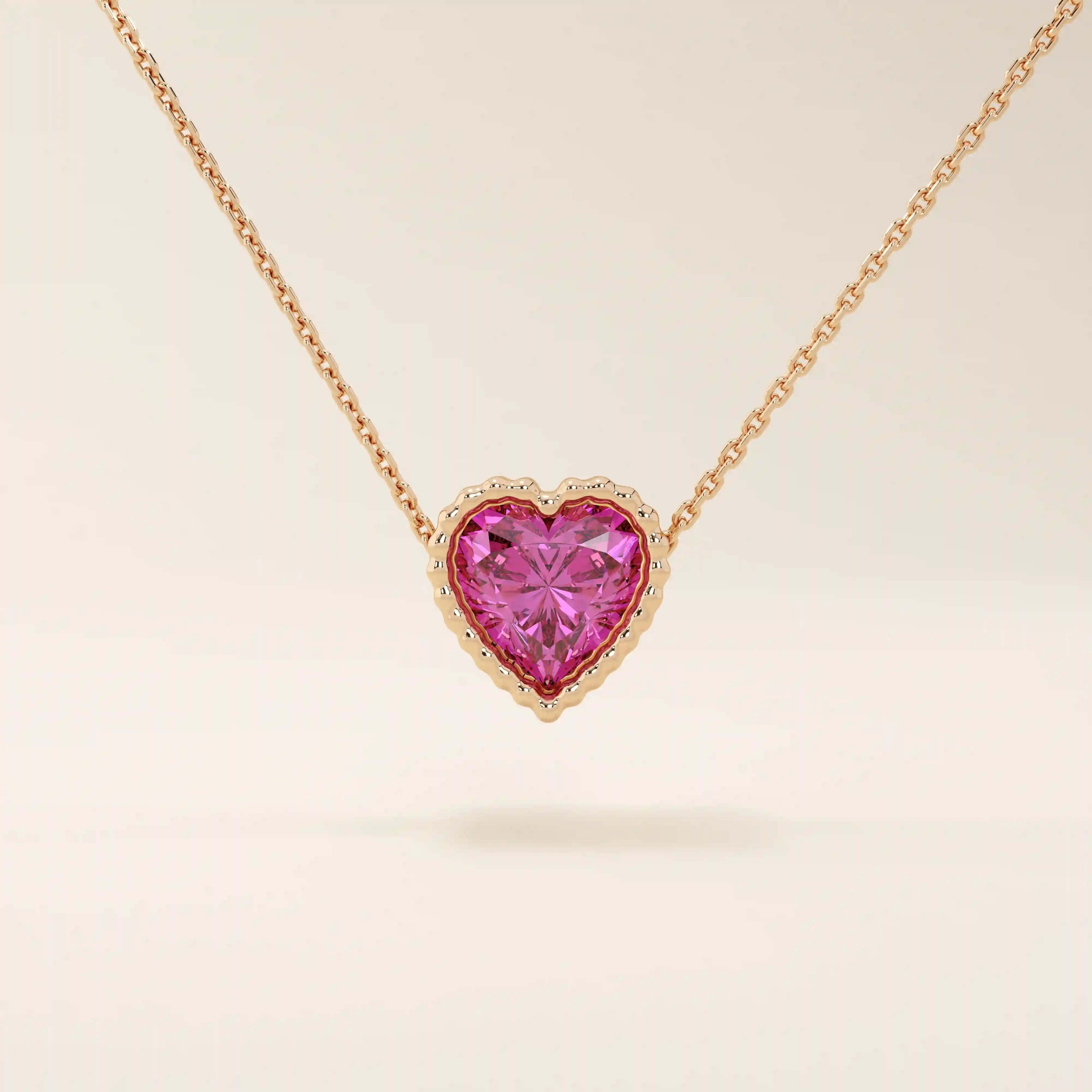 14K SOLID GOLD PINK HEART SHAPE MOVING CHARM NECKLACE FOR WOMEN