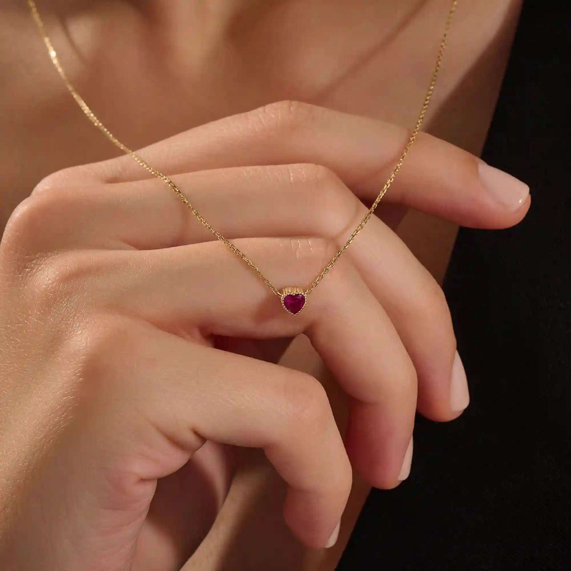 14K SOLID GOLD PINK HEART SHAPE MOVING CHARM NECKLACE FOR WOMEN