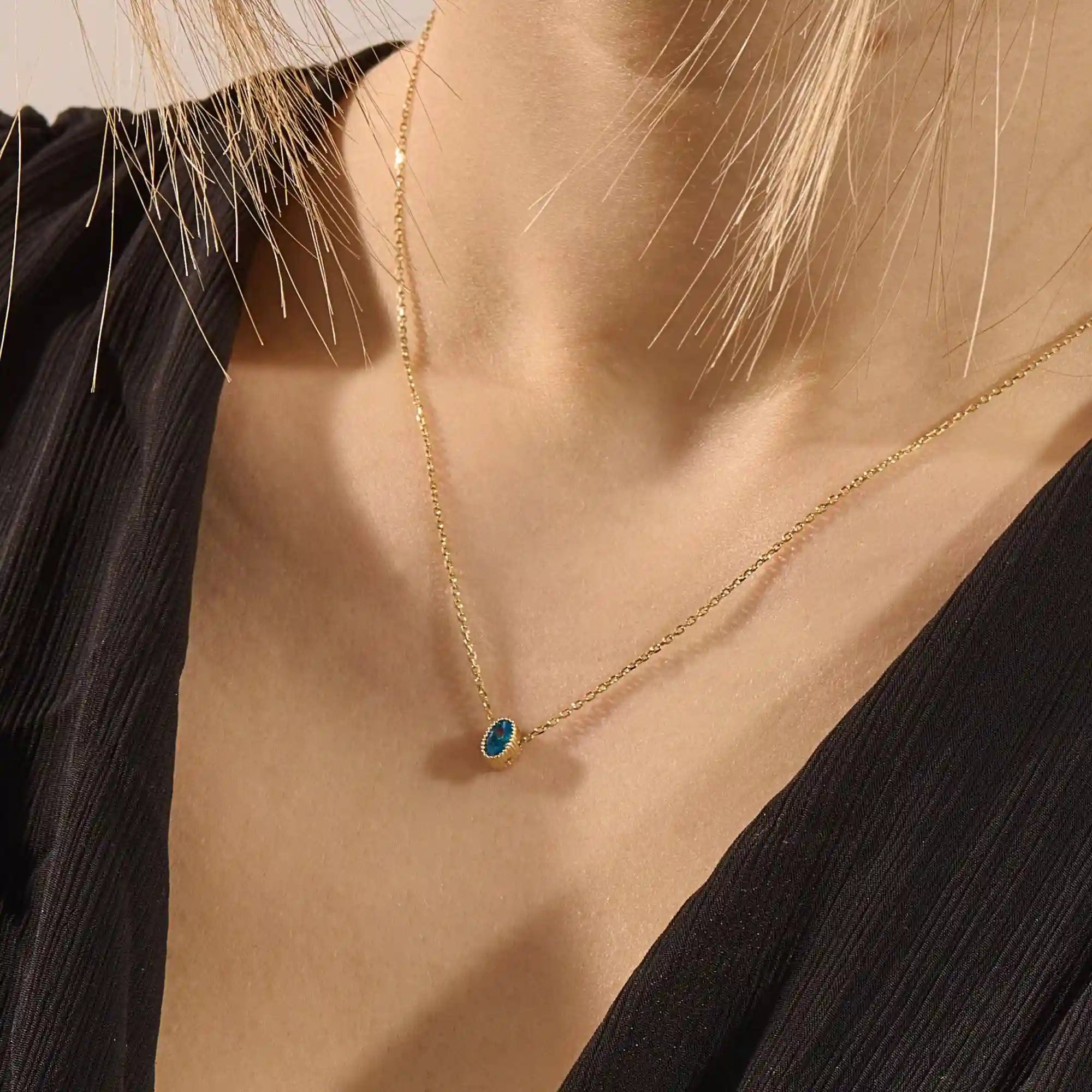 14K SOLID GOLD BIRTHSTONE OVAL SHAPE MOVING CHARM NECKLACE FOR WOMEN