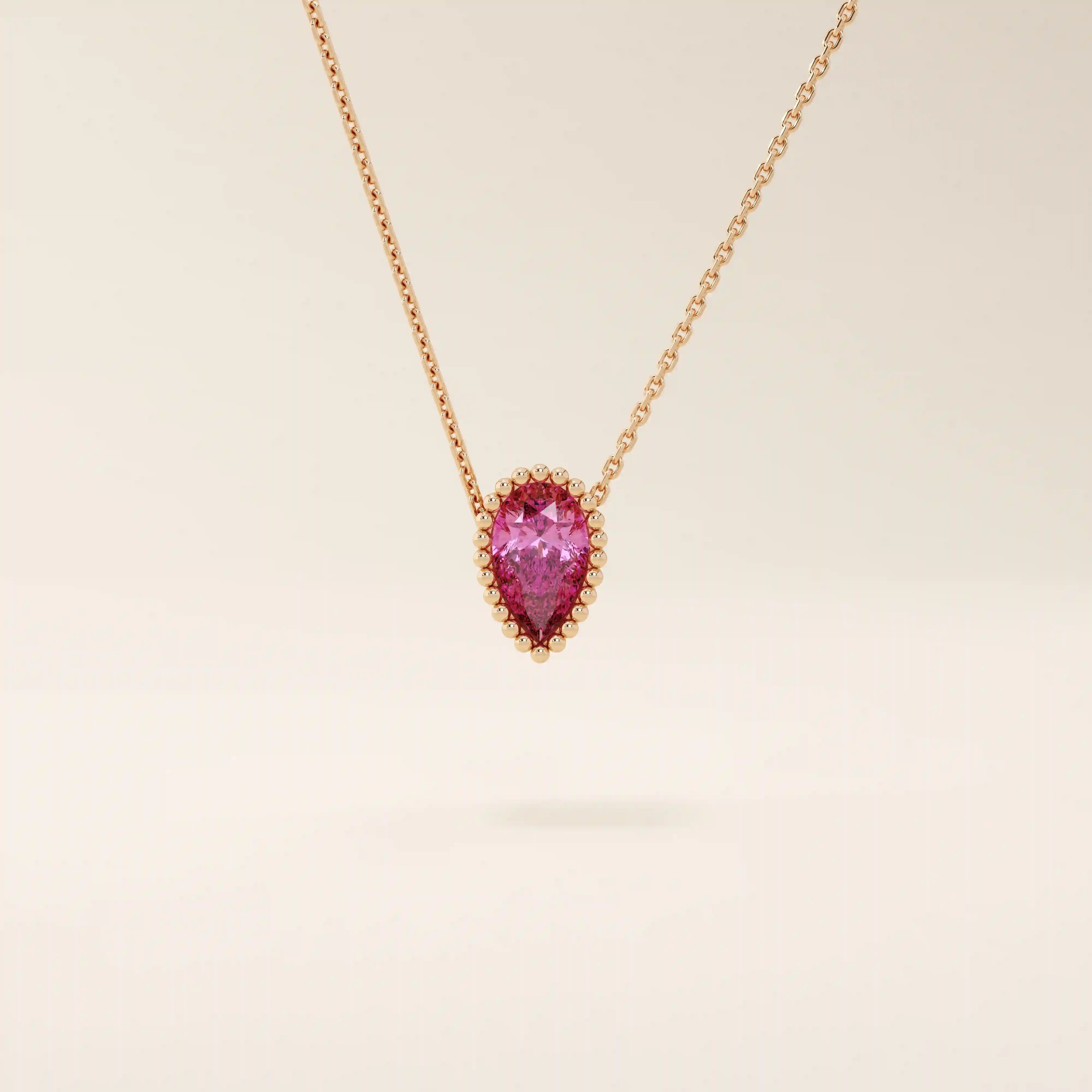 14K SOLID GOLD PEAR SHAPE PINK STONE MOVING CHARM NECKLACE