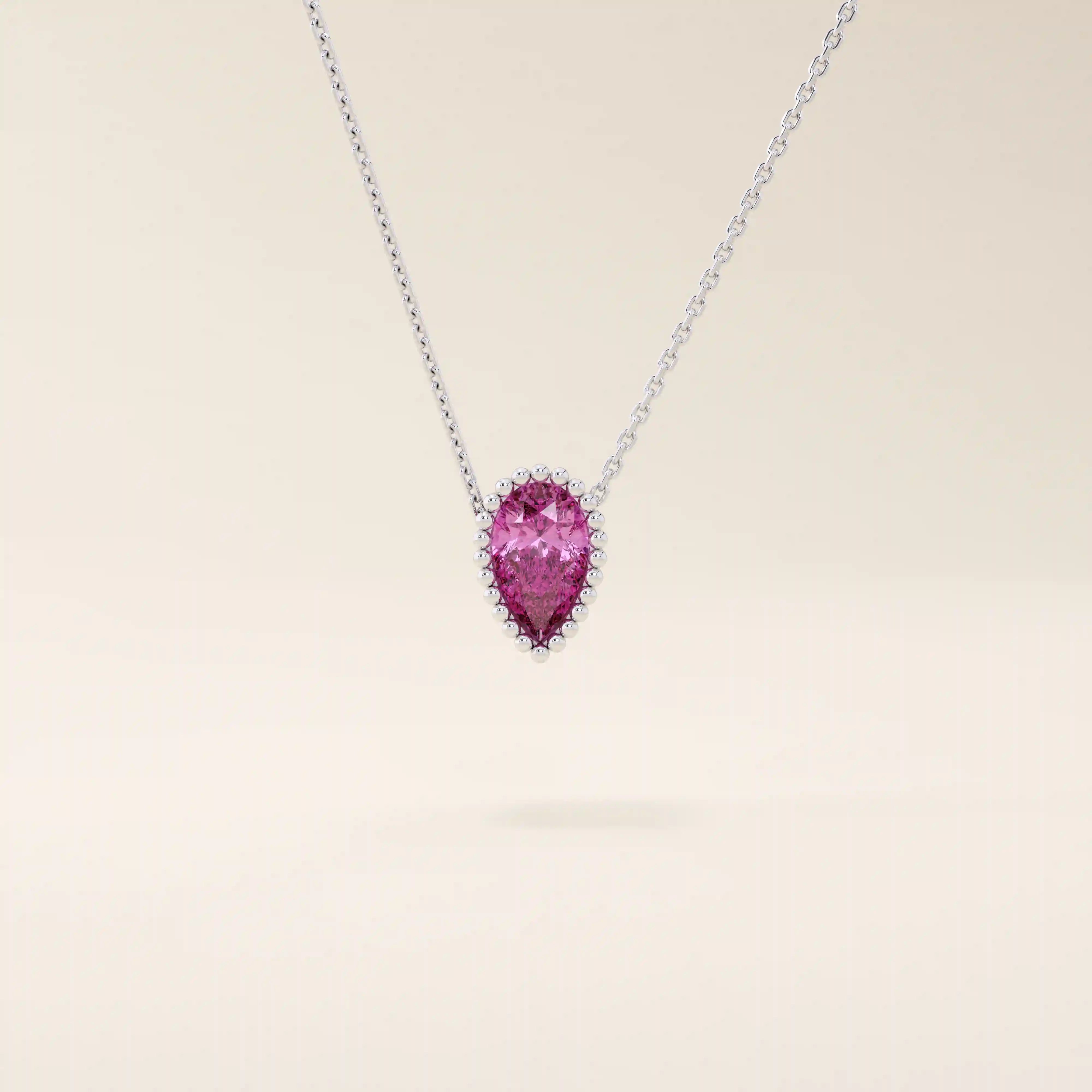 14K SOLID GOLD PEAR SHAPE PINK STONE MOVING CHARM NECKLACE