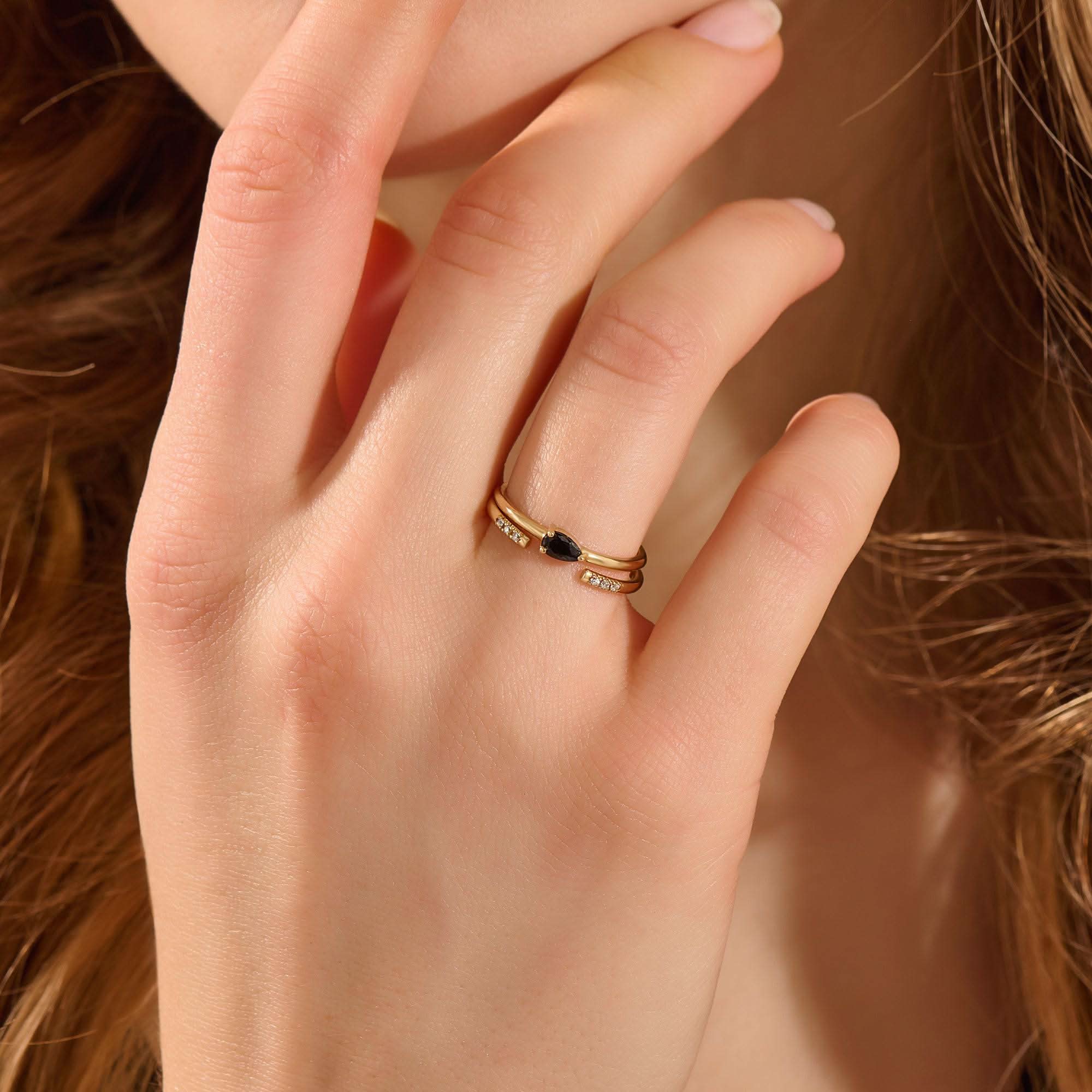 14k solid gold black pear cut stone solitaire engagement ring for women