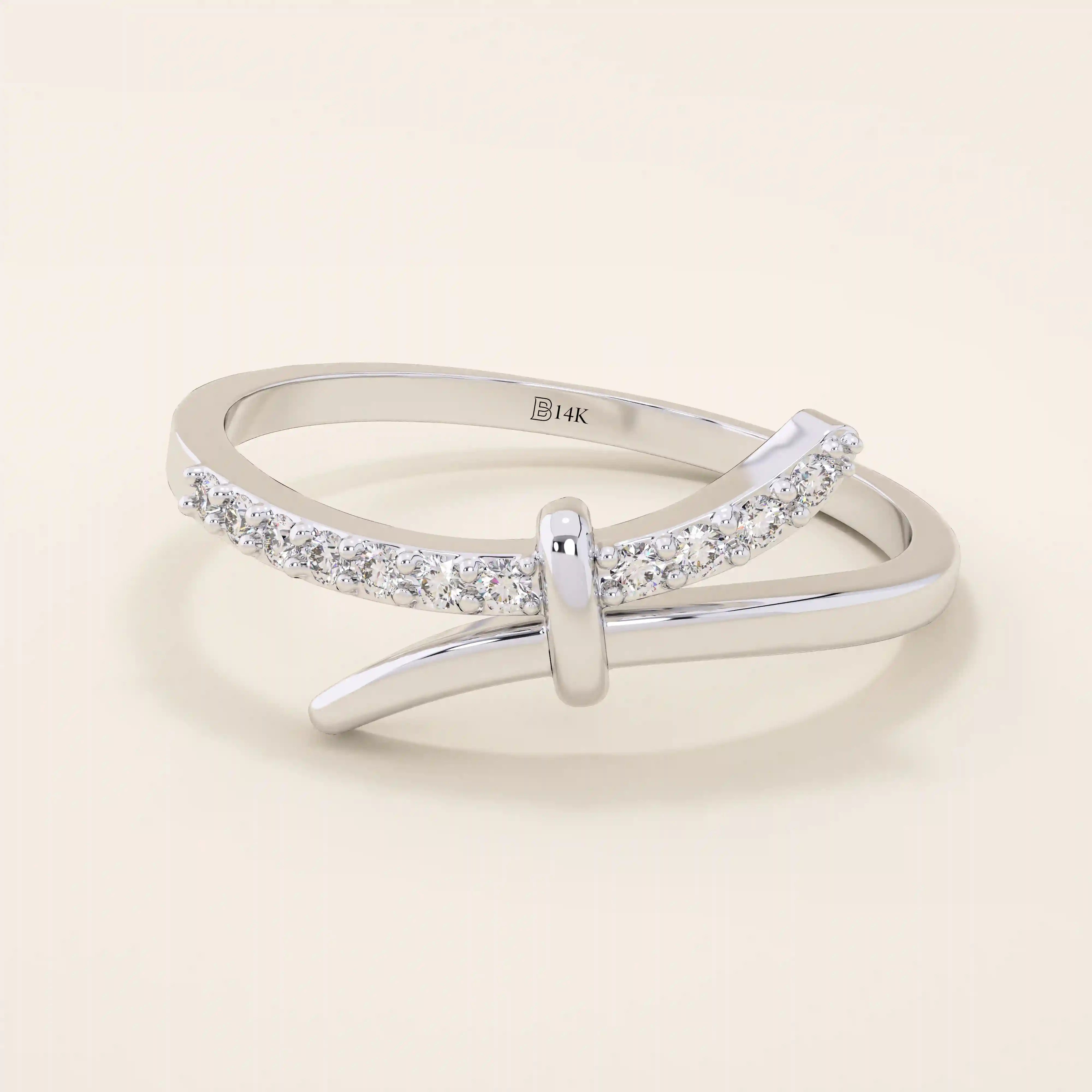 ONE SIDE PAVE STONES KNOT BYPASS STACKABLE WEDDING RING IN 14K SOLID GOLD FOR WOMEN