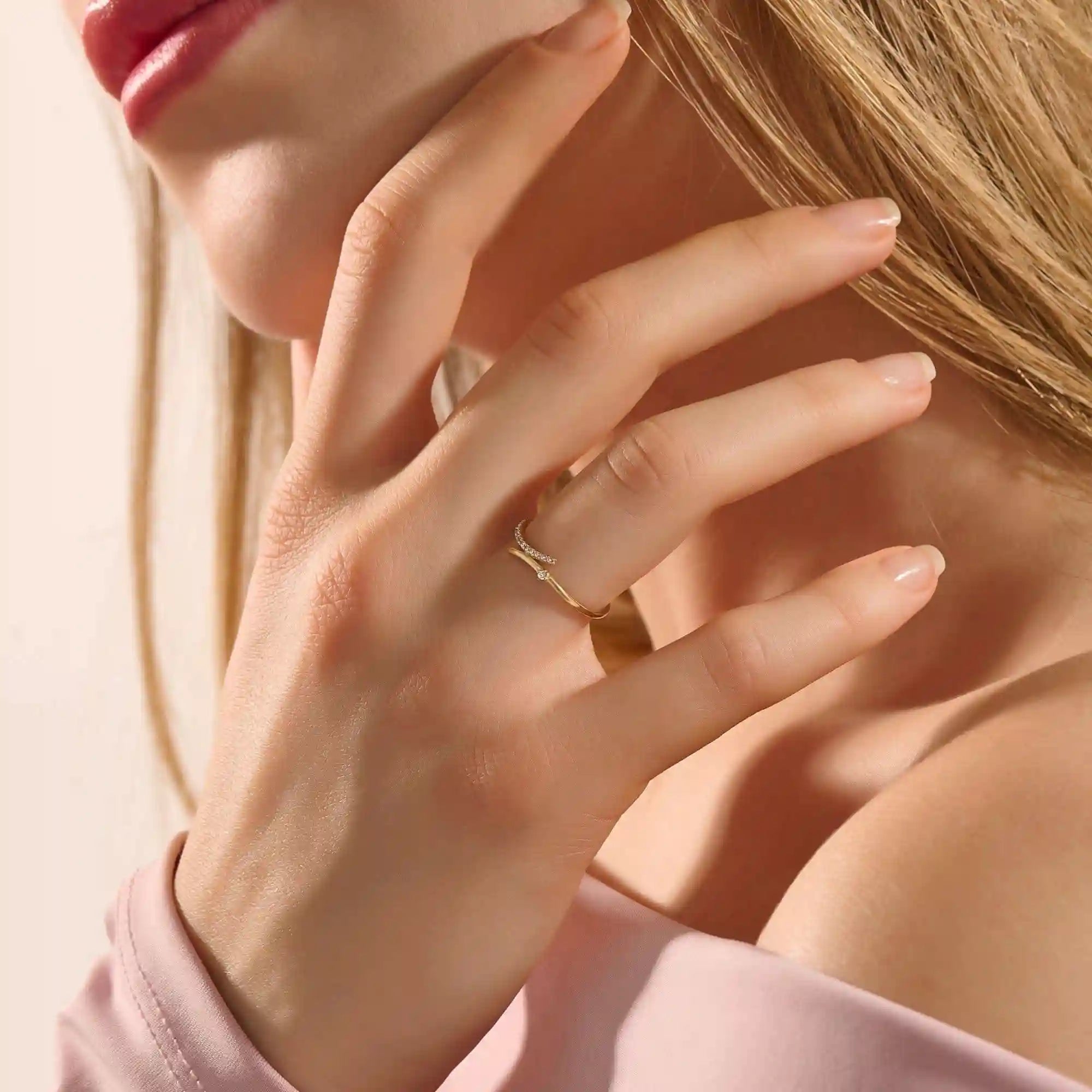 ONE SIDE PAVE WITH OTHER SIDE HAS A SOLO STONE BYPASS STACKABLE WEDDING RING IN 14K SOLID GOLD FOR WOMEN