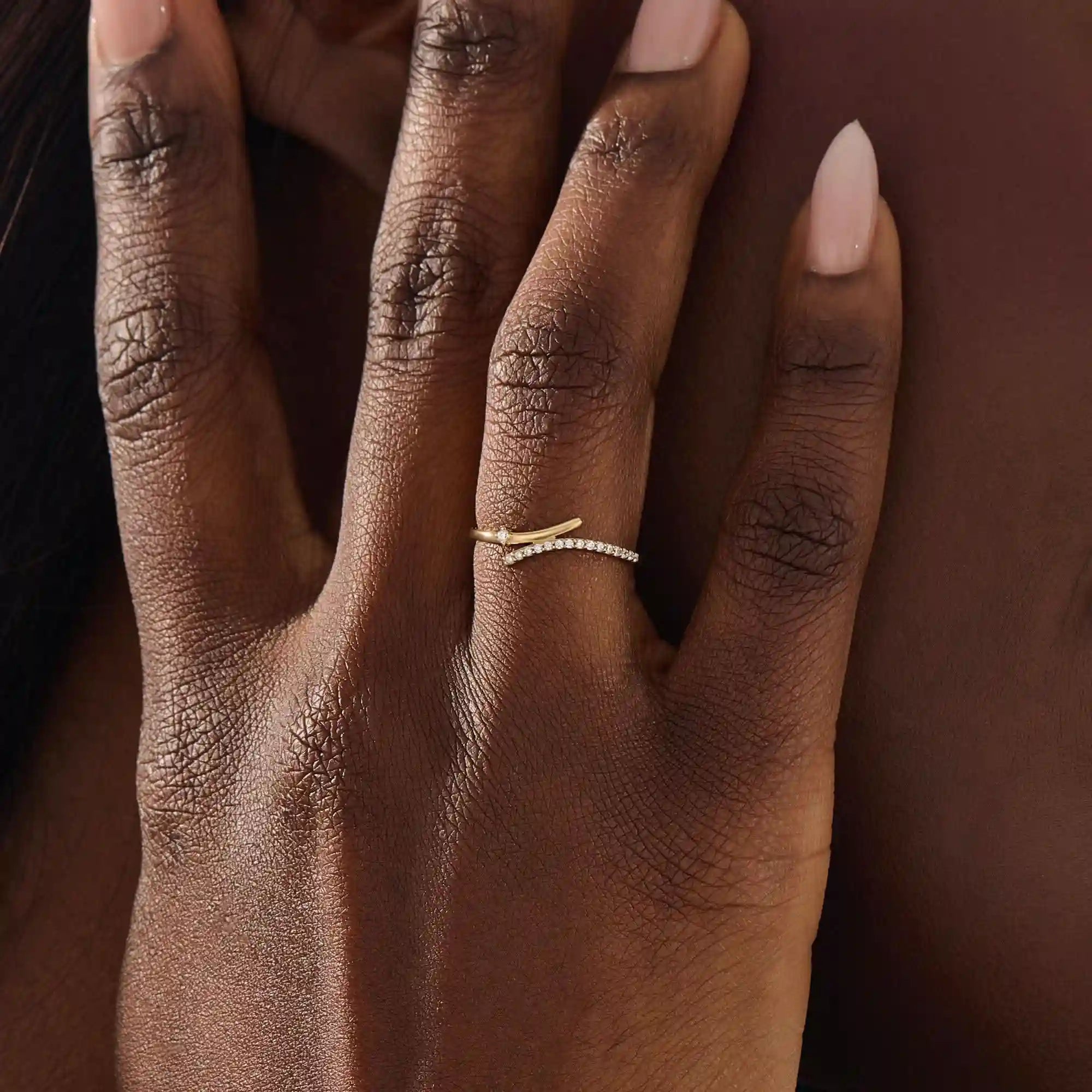 ONE SIDE PAVE WITH OTHER SIDE HAS A SOLO STONE BYPASS STACKABLE WEDDING RING IN 14K SOLID GOLD FOR WOMEN