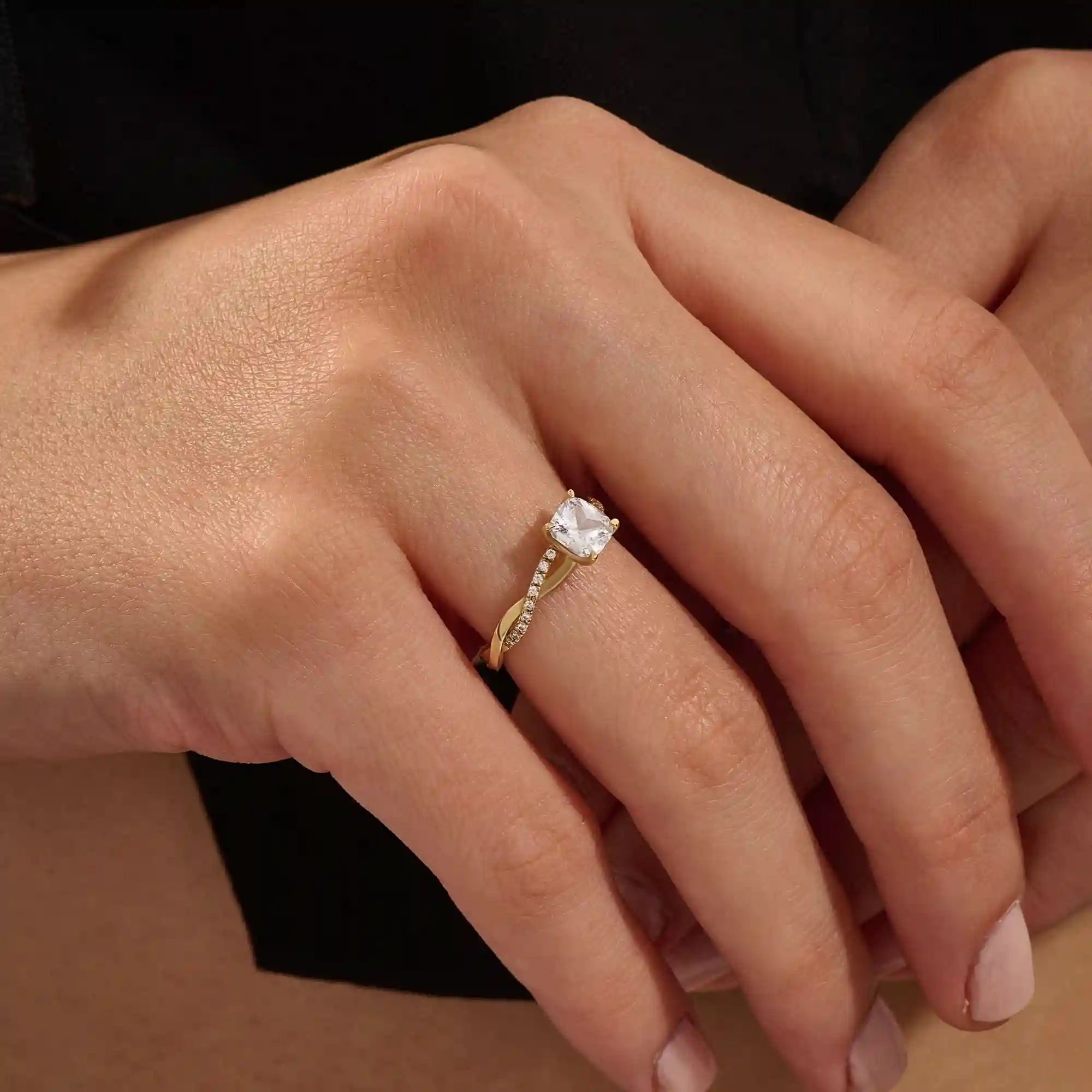 1 CTW CUSHION CUT MOISSANITE WITH TWISTED ACCENTED BAND SOLITAIRE ENGAGEMENT RING IN 14K SOLID GOLD FOR WOMEN
