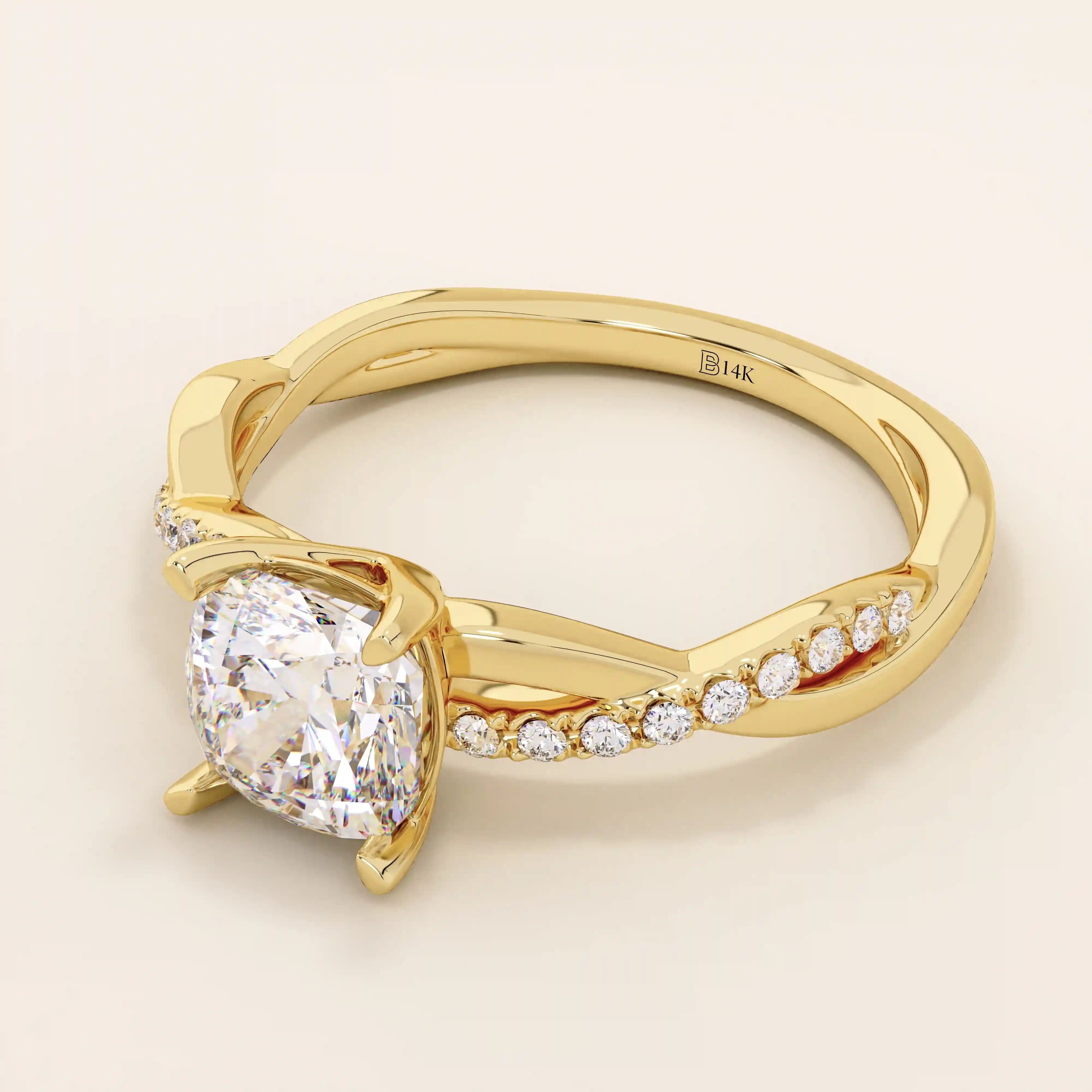 1 CTW CUSHION CUT MOISSANITE WITH TWISTED ACCENTED BAND SOLITAIRE ENGAGEMENT RING IN 14K SOLID GOLD FOR WOMEN