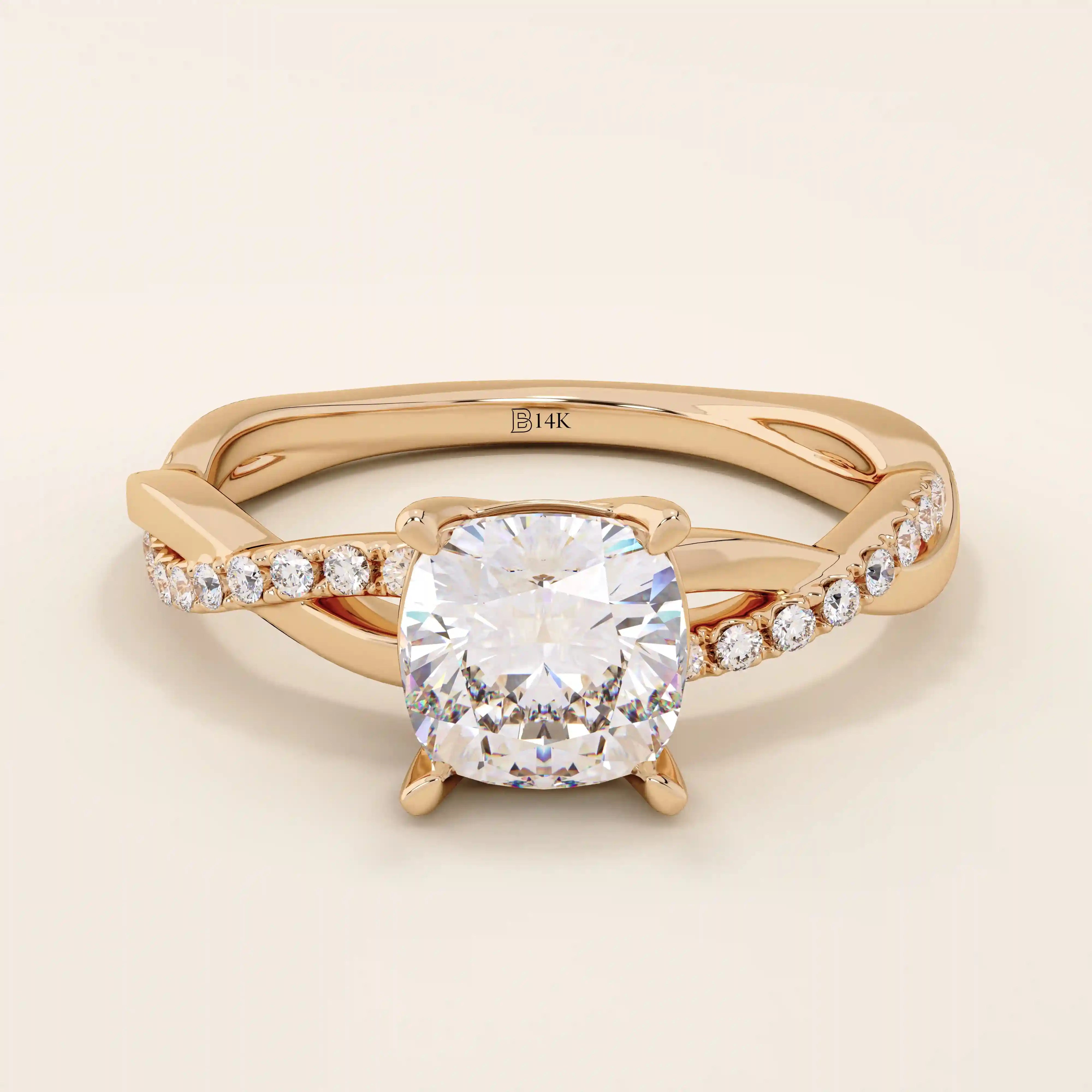 1 CTW CUSHION CUT MOISSANITE WITH TWISTED ACCENTED BAND SOLITAIRE ENGAGEMENT RING IN 14K SOLID GOLD FOR WOMEN