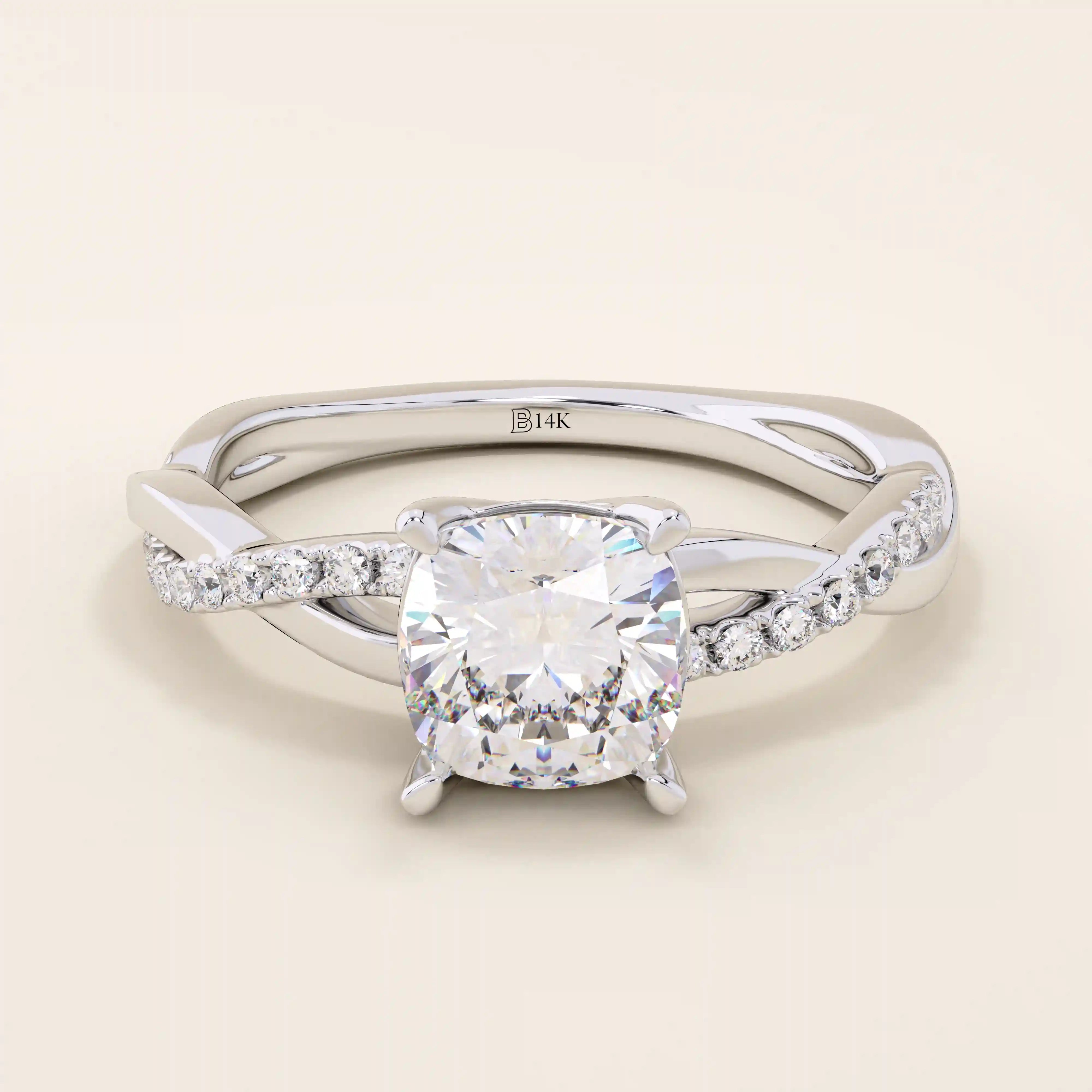 1 CTW CUSHION CUT MOISSANITE WITH TWISTED ACCENTED BAND SOLITAIRE ENGAGEMENT RING IN 14K SOLID GOLD FOR WOMEN