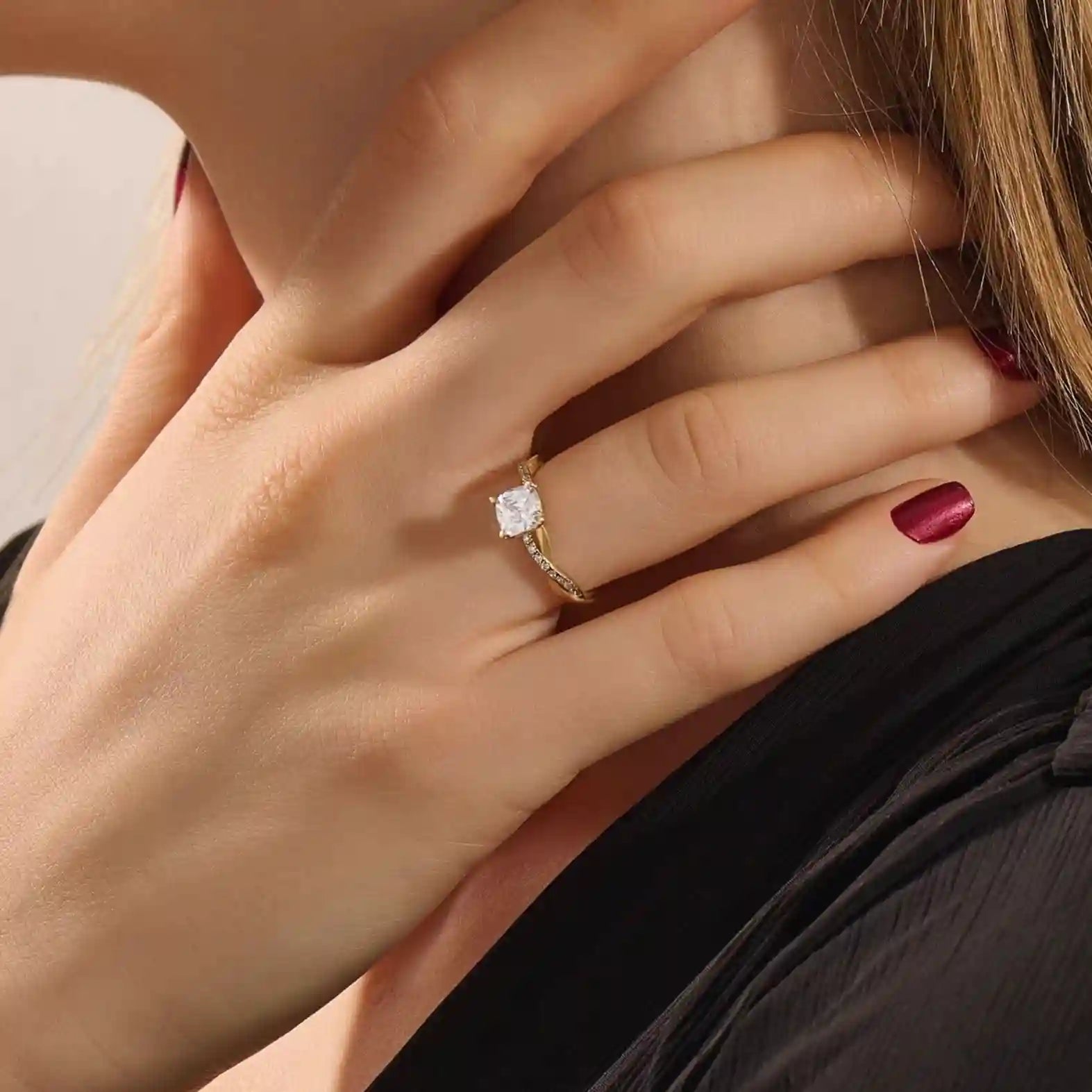 1 CTW CUSHION CUT MOISSANITE WITH TWISTED ACCENTED BAND SOLITAIRE ENGAGEMENT RING IN 14K SOLID GOLD FOR WOMEN