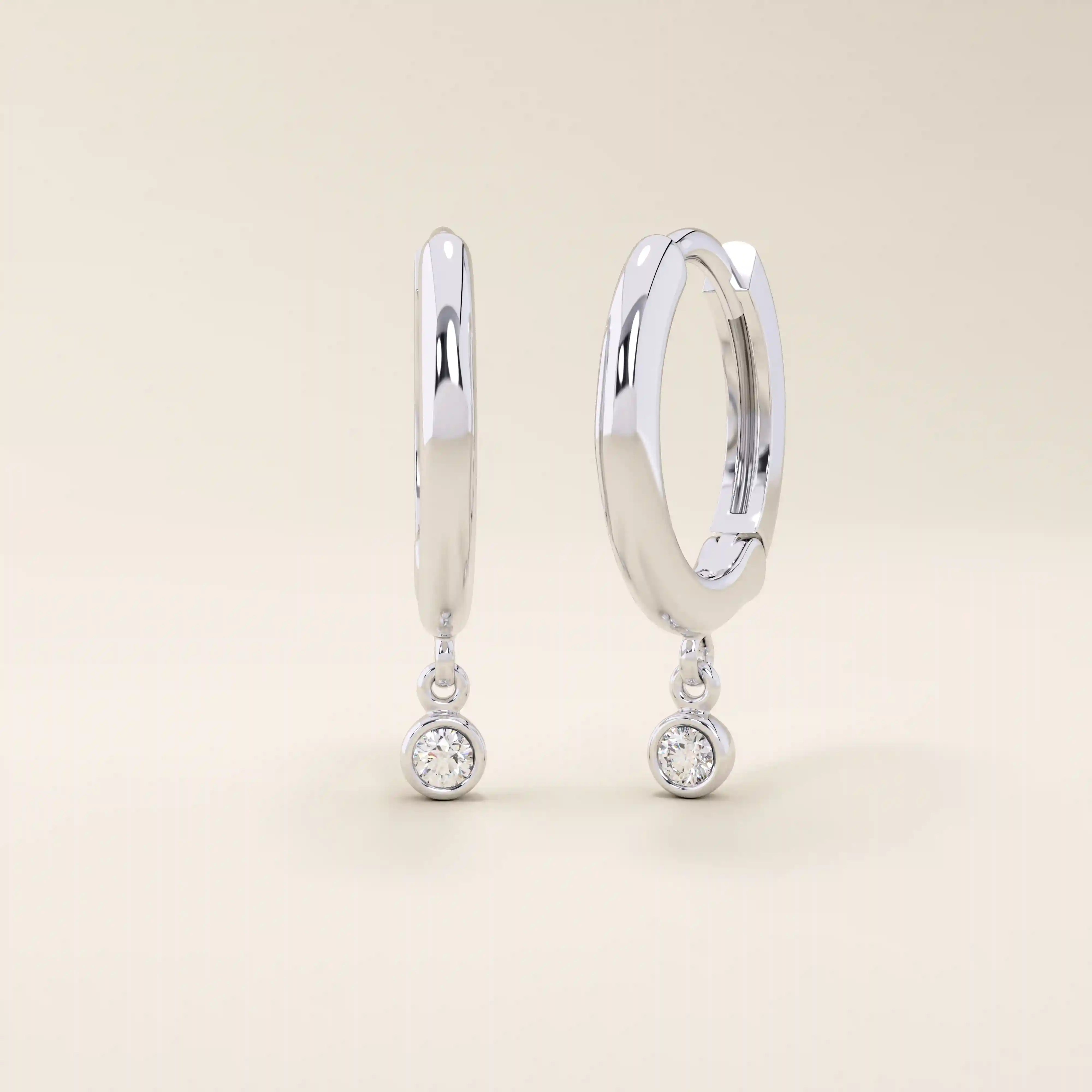 14K SOLID GOLD BEZEL ROUND DANGLING HOOP EARRINGS FOR WOMEN