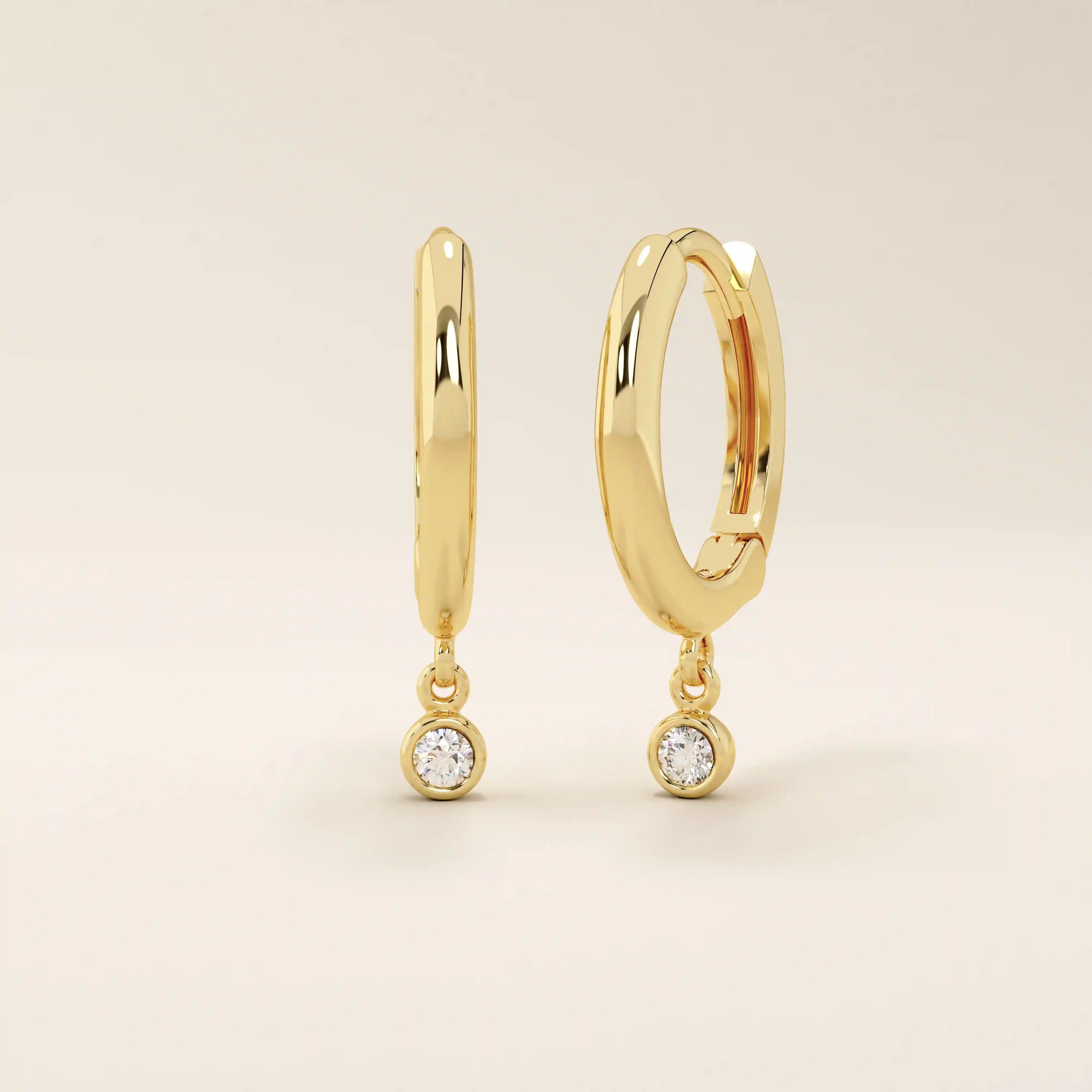 14K SOLID GOLD BEZEL ROUND DANGLING HOOP EARRINGS FOR WOMEN
