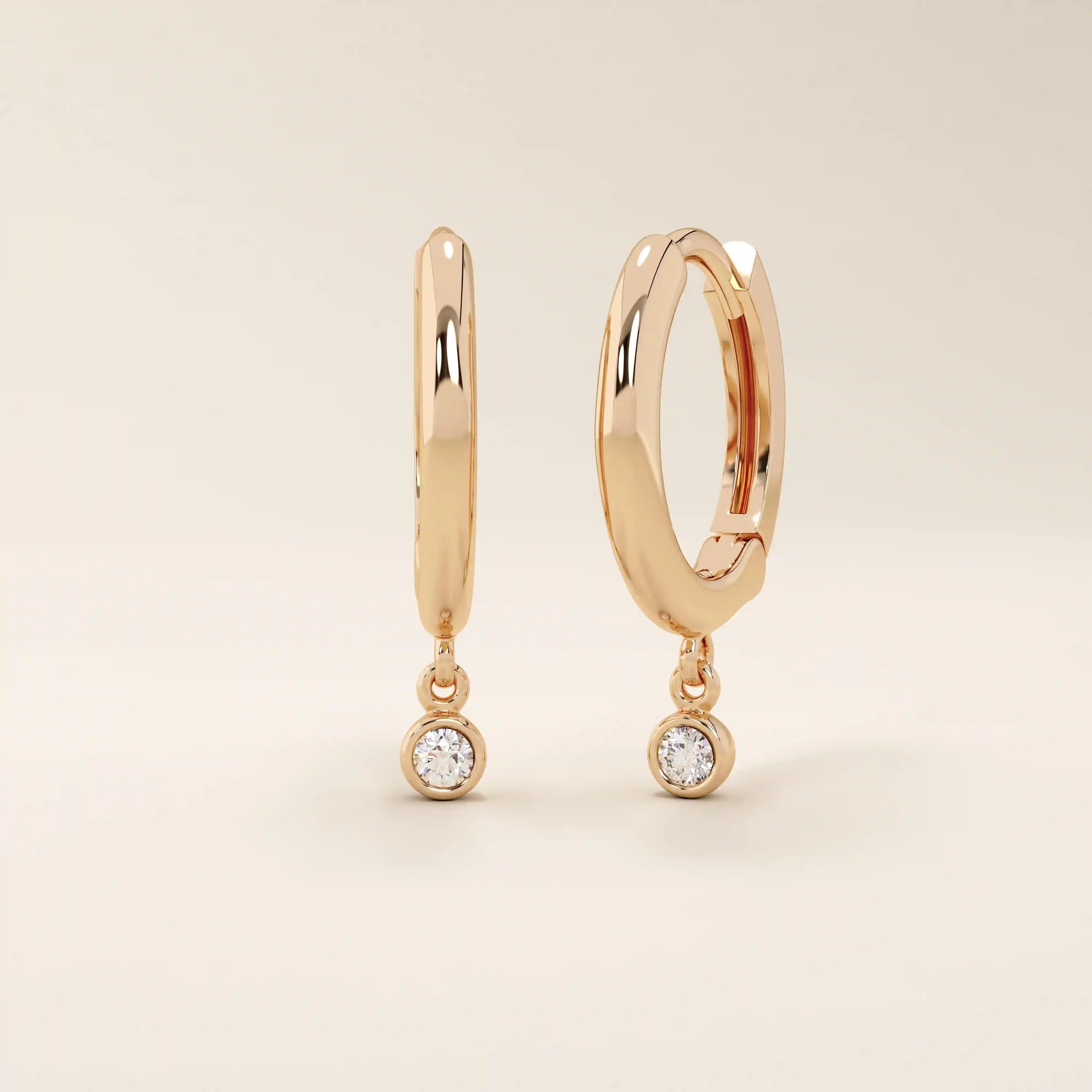14K SOLID GOLD BEZEL ROUND DANGLING HOOP EARRINGS FOR WOMEN