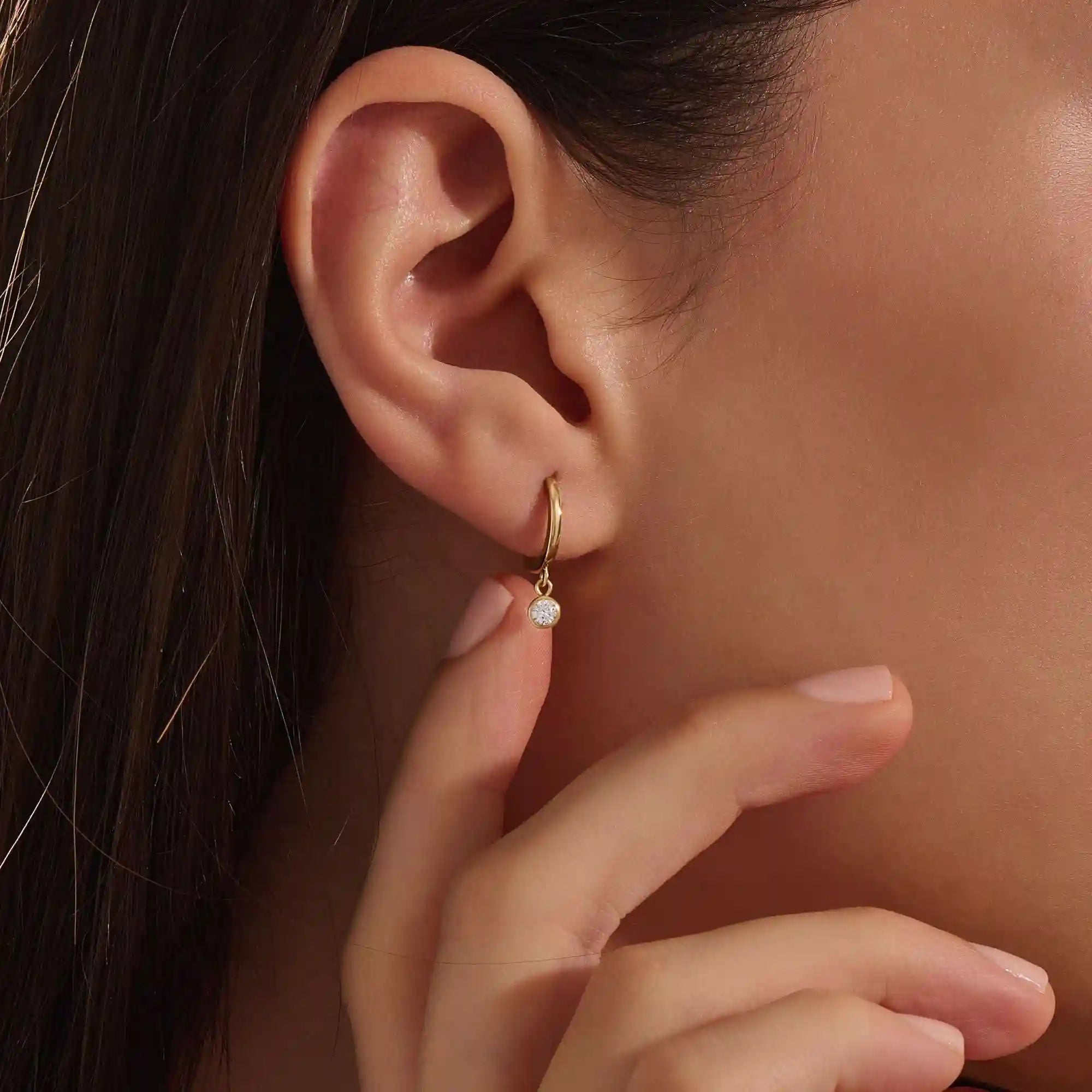 14K SOLID GOLD BEZEL ROUND DANGLING HOOP EARRINGS FOR WOMEN