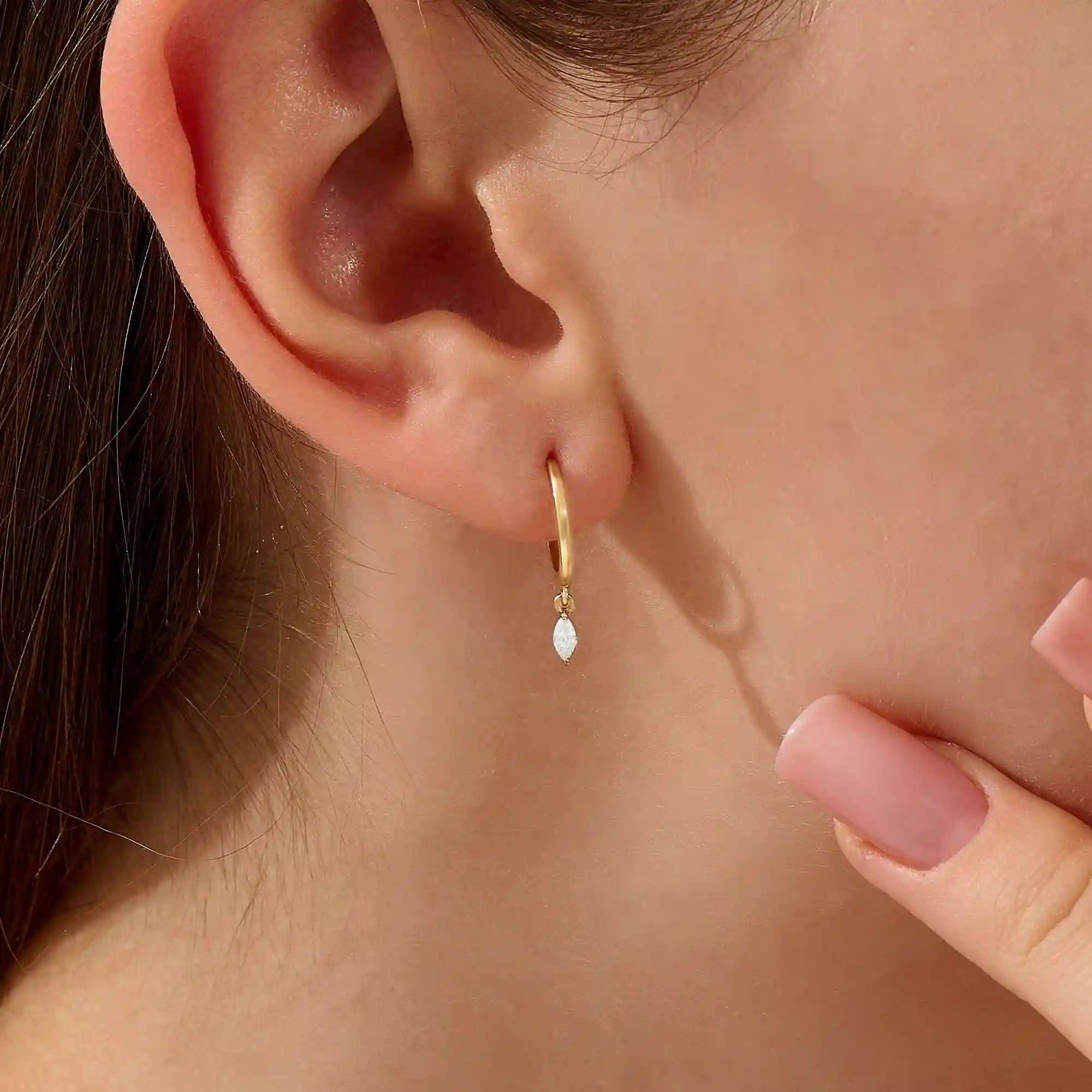 DANGLING MARQUISE CHARM HOOP EARRINGS IN 14K SOLID GOLD
