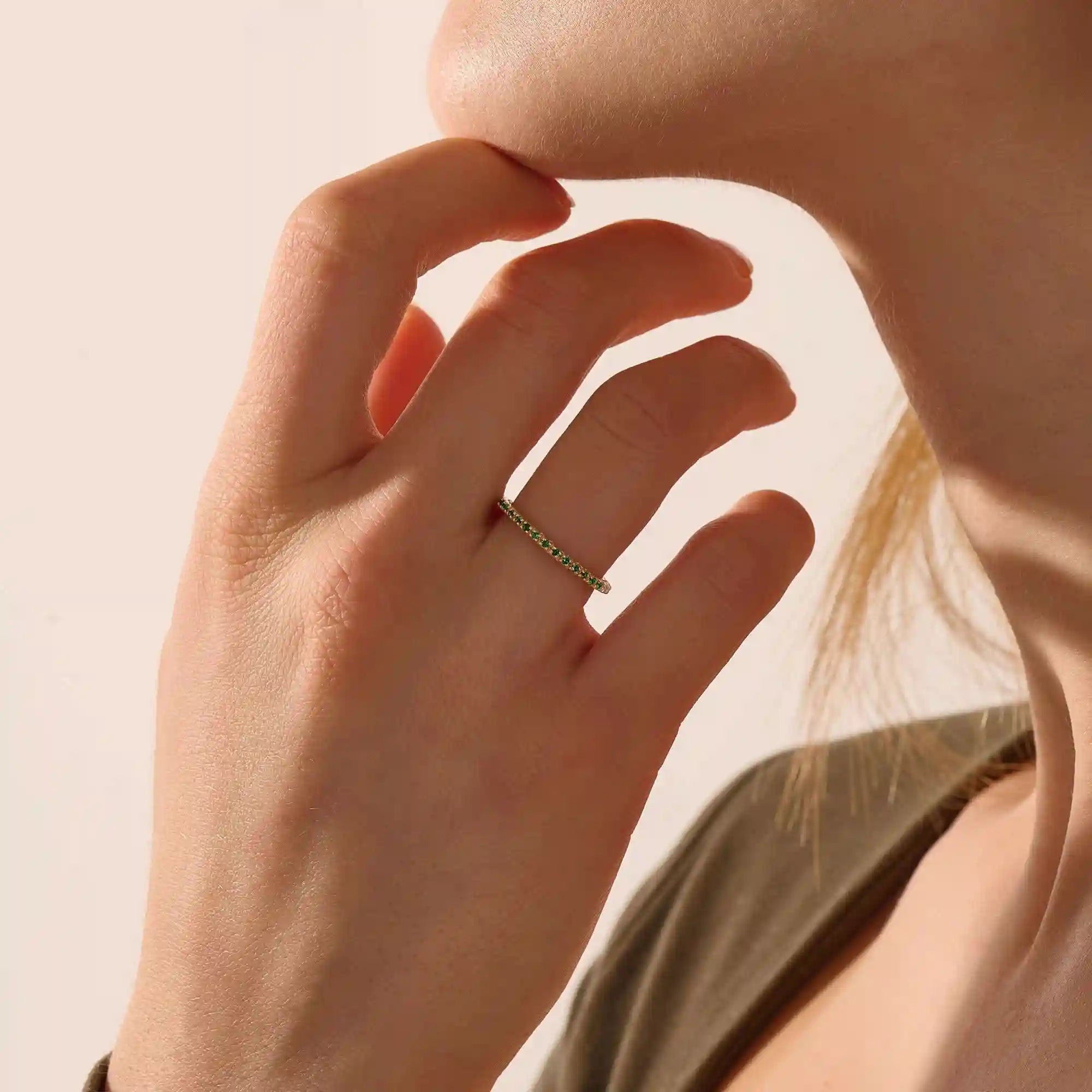 half of the ring is lab grown emerald other half clear colorless moissanite eternity stacking wedding ring in gold for women