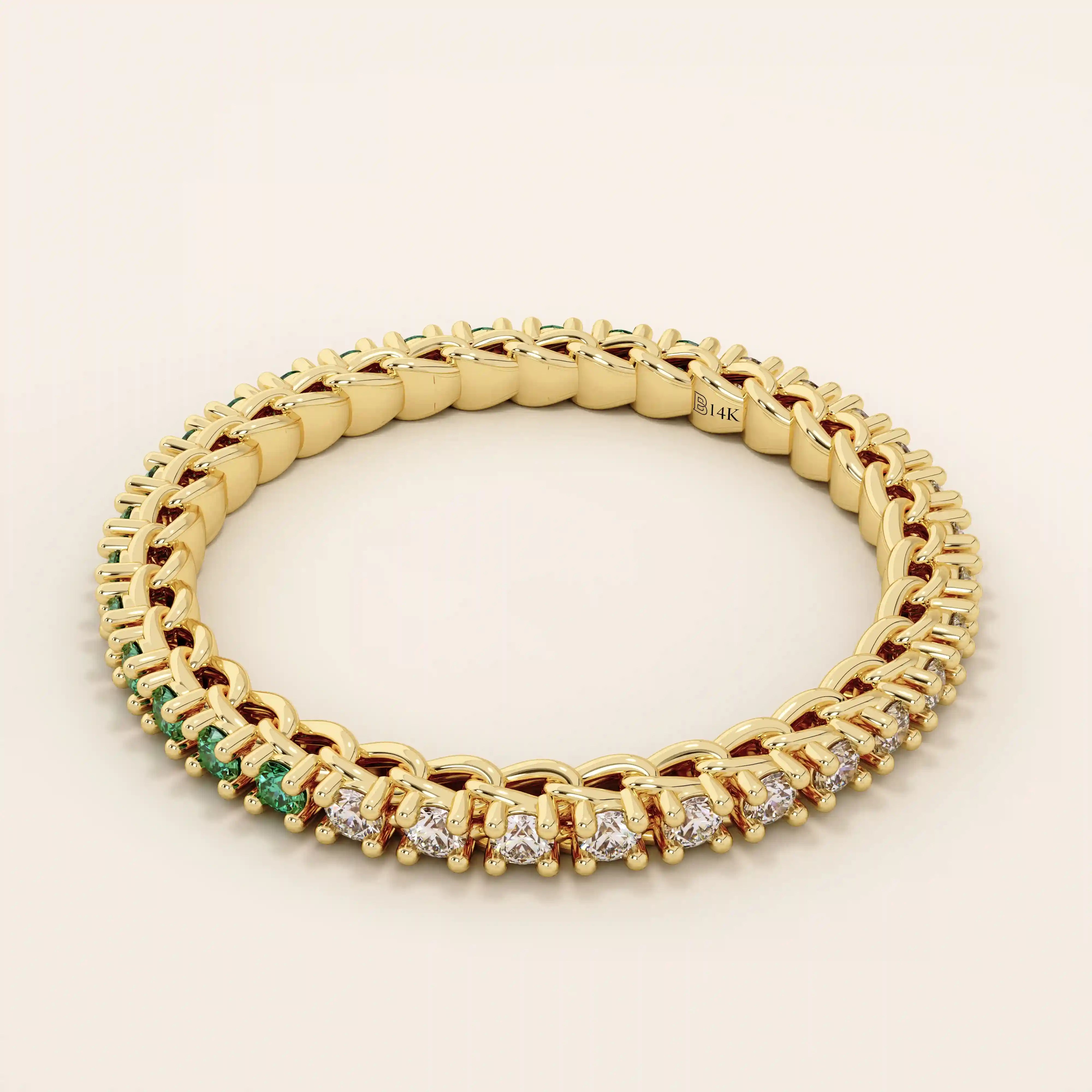 half of the ring is lab grown emerald other half clear colorless moissanite eternity stacking wedding ring in gold for women