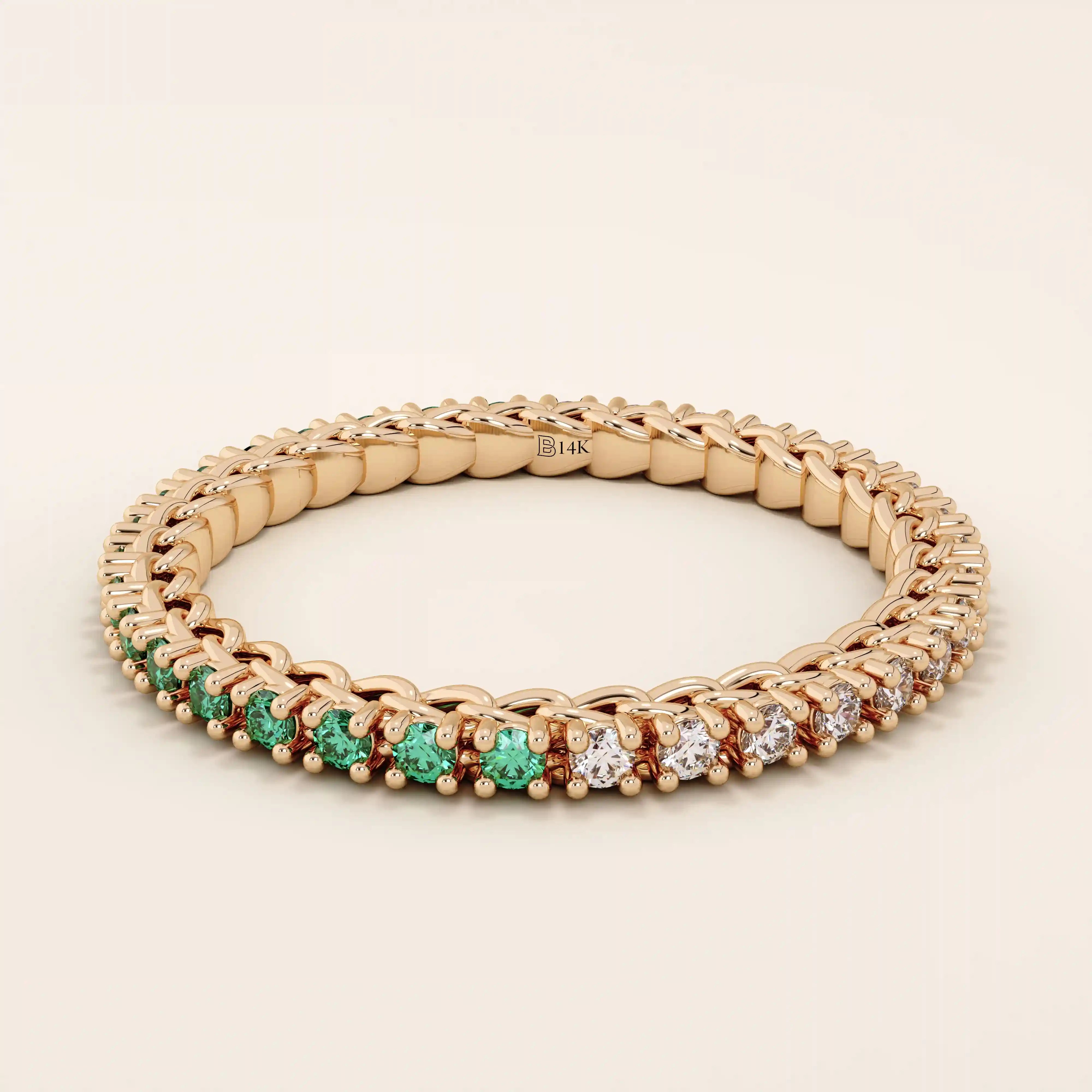half of the ring is lab grown emerald other half clear colorless moissanite eternity stacking wedding ring in gold for women