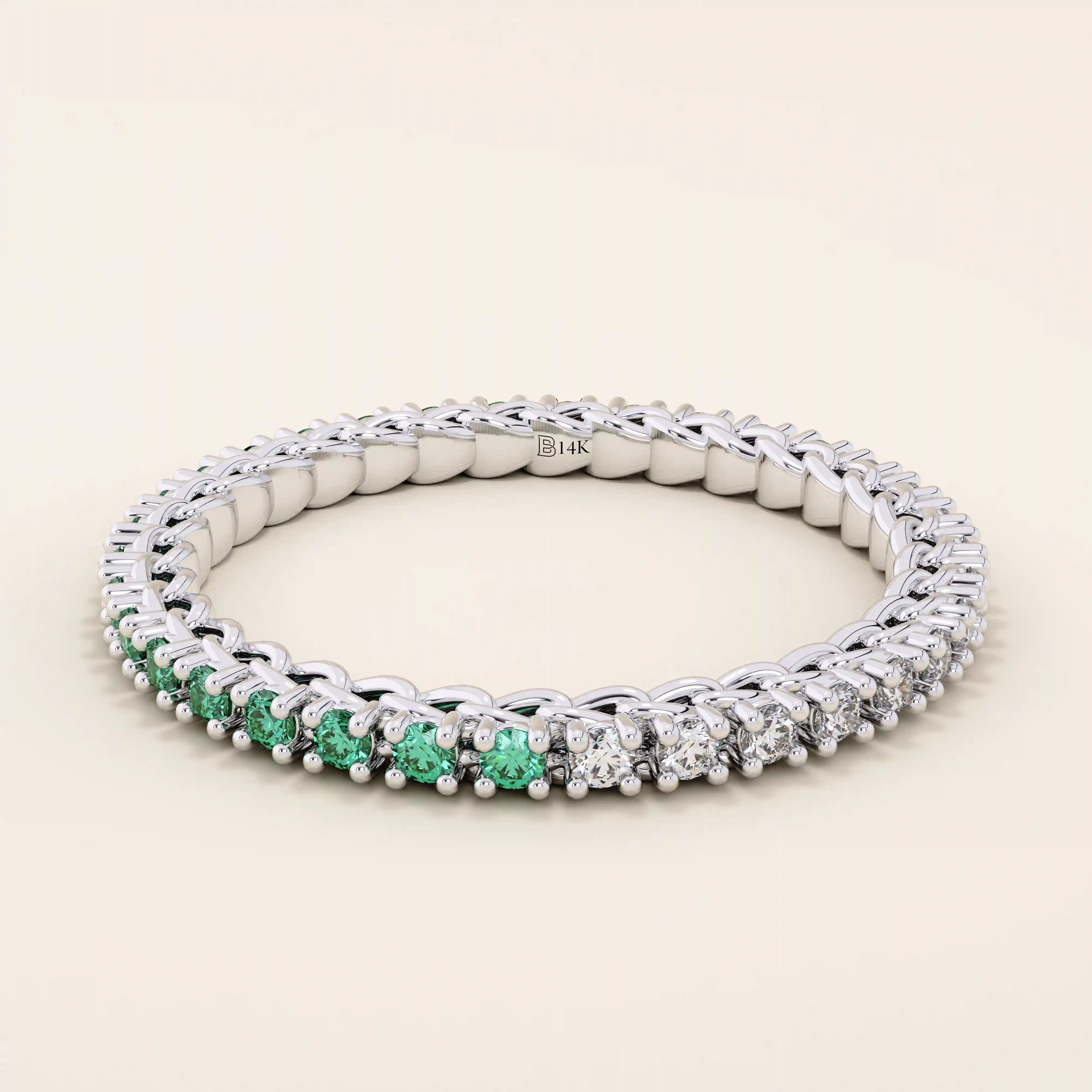 half of the ring is lab grown emerald other half clear colorless moissanite eternity stacking wedding ring in gold for women