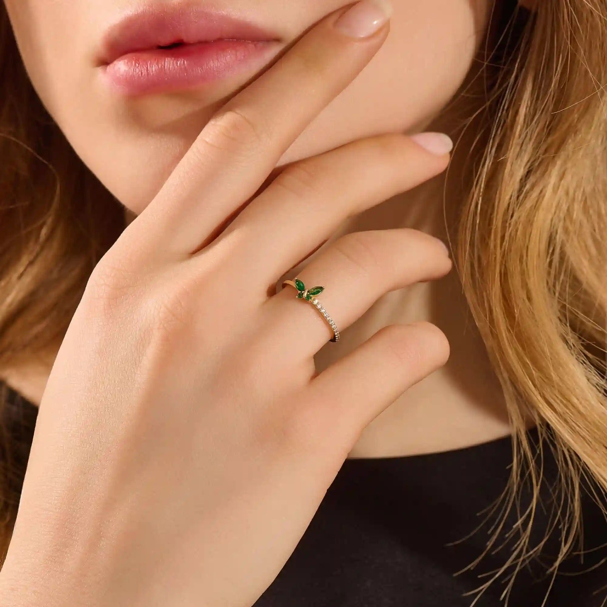 14k solid gold emerald marquise butterfly stacking ring with tiny moissanite for women