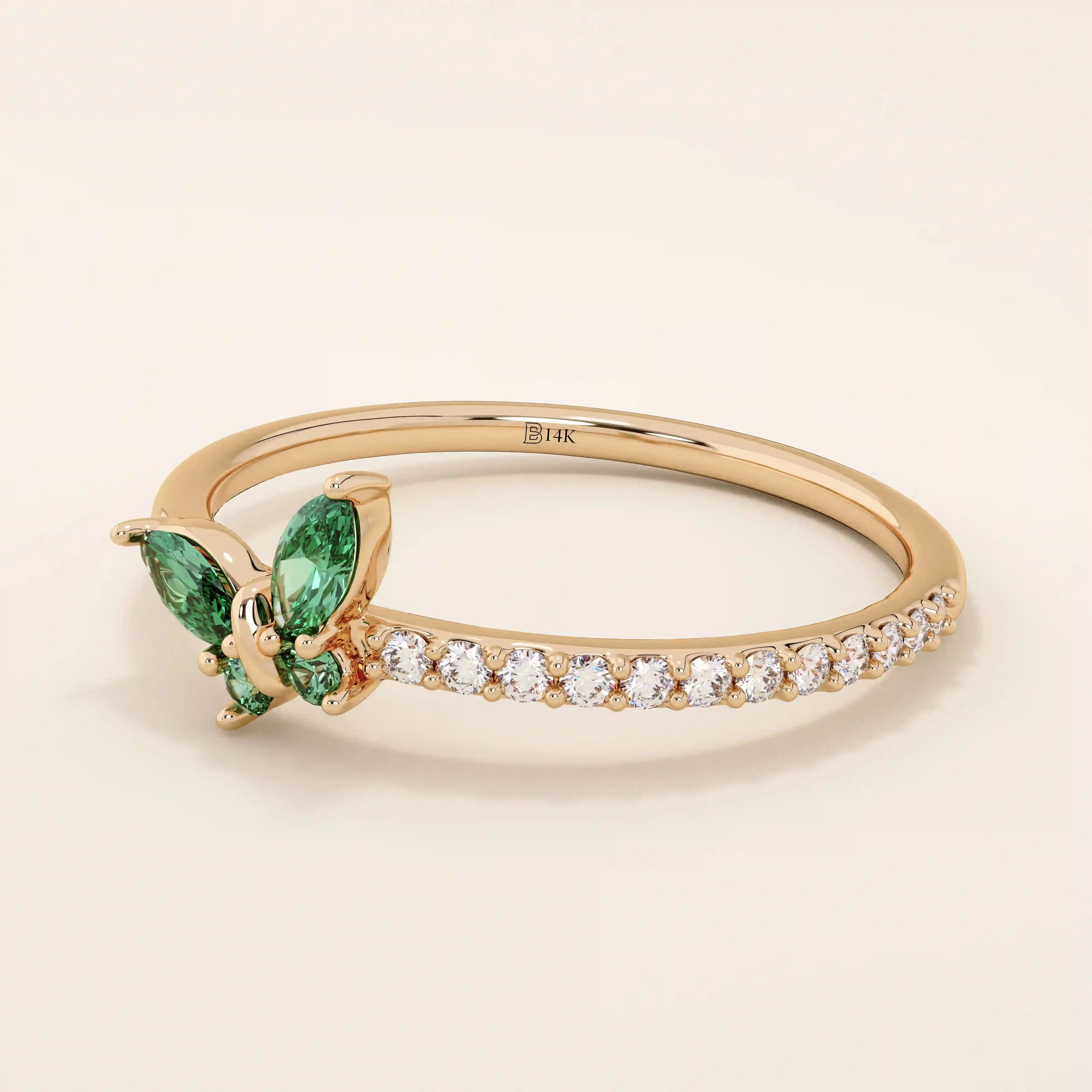 14k solid gold emerald marquise butterfly stacking ring with tiny moissanite for women