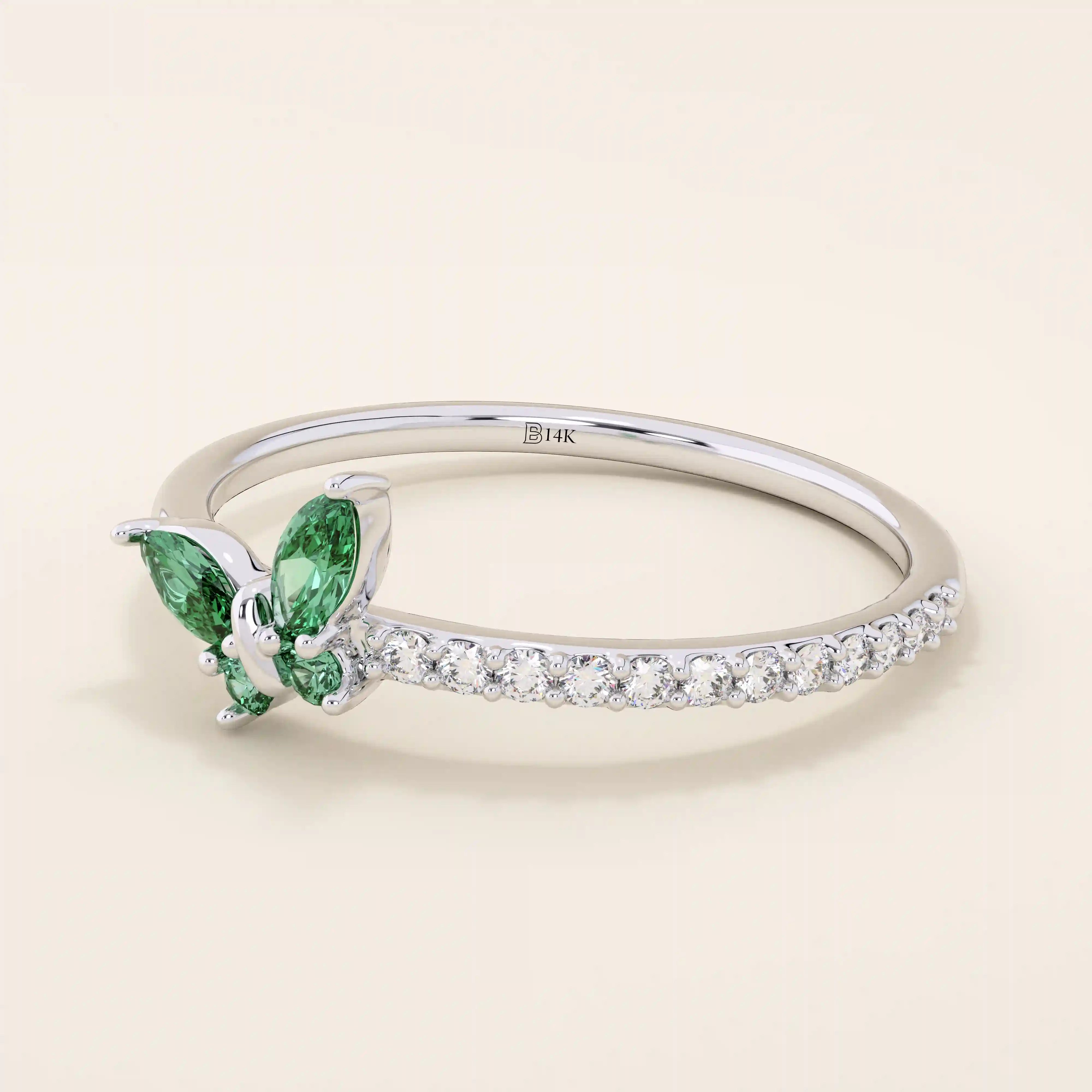 14k solid gold emerald marquise butterfly stacking ring with tiny moissanite for women