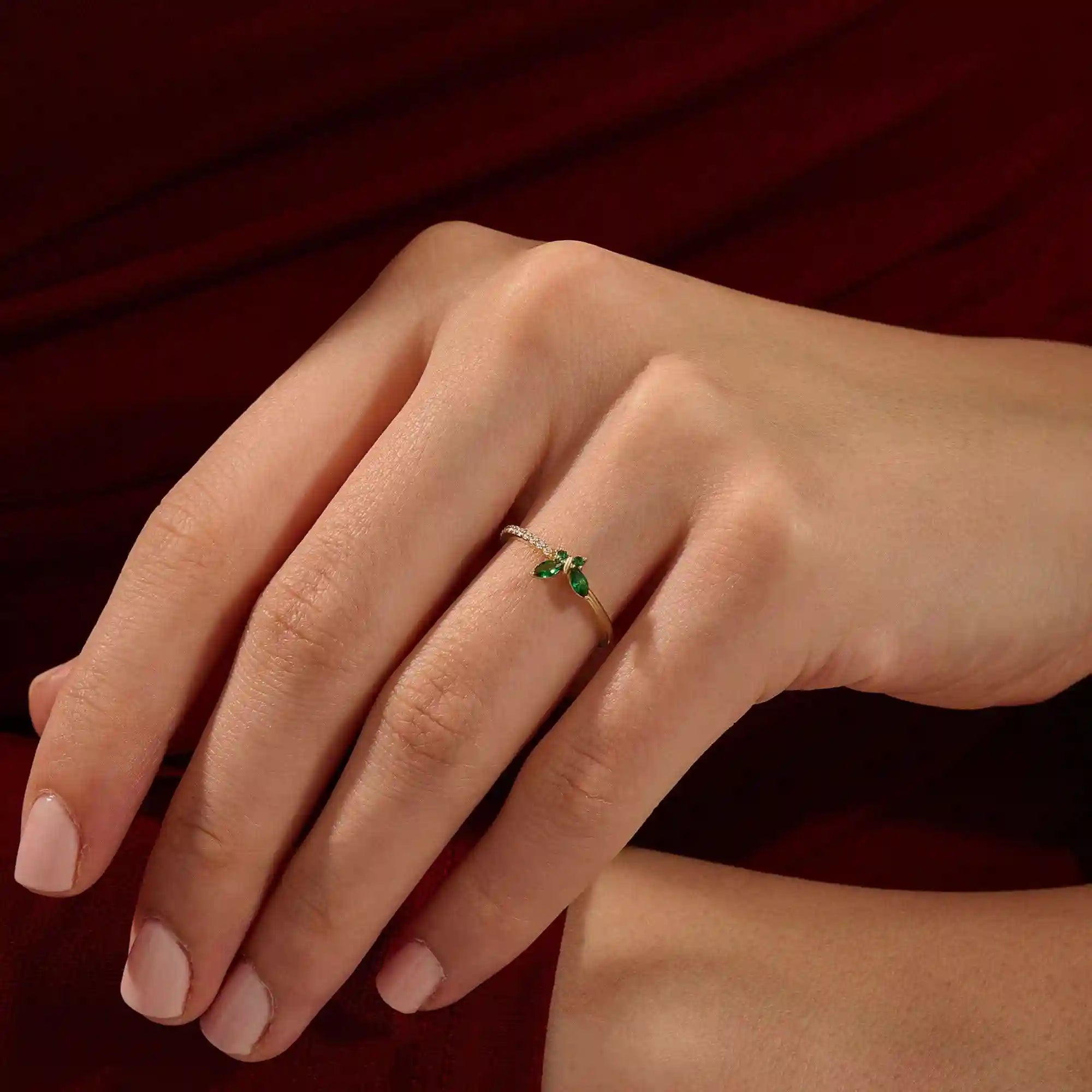14k solid gold emerald marquise butterfly stacking ring with tiny moissanite for women