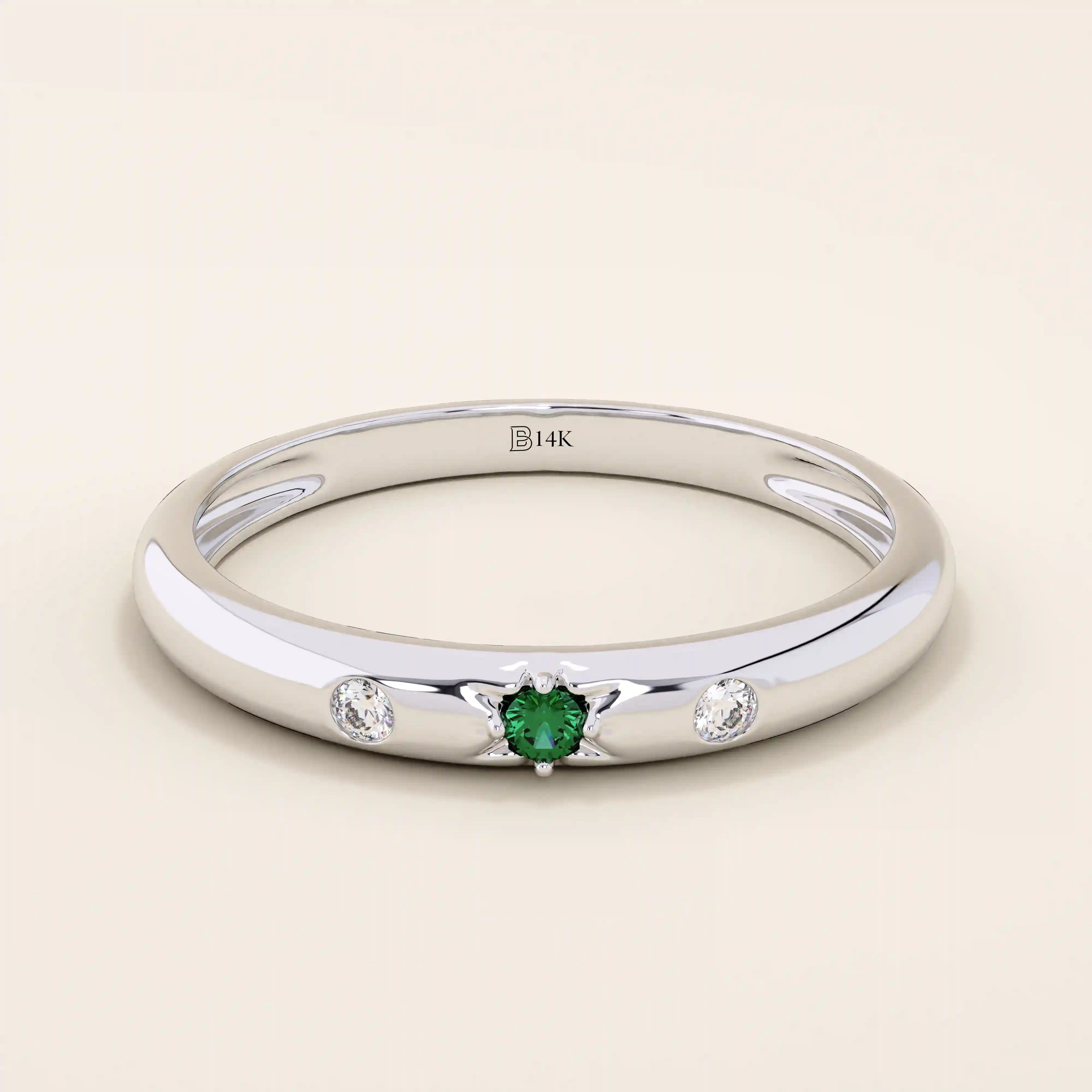 14K SOLID GOLD EMERALD AND MOISSANITE SLIM WEDDING BAND FOR WOMEN