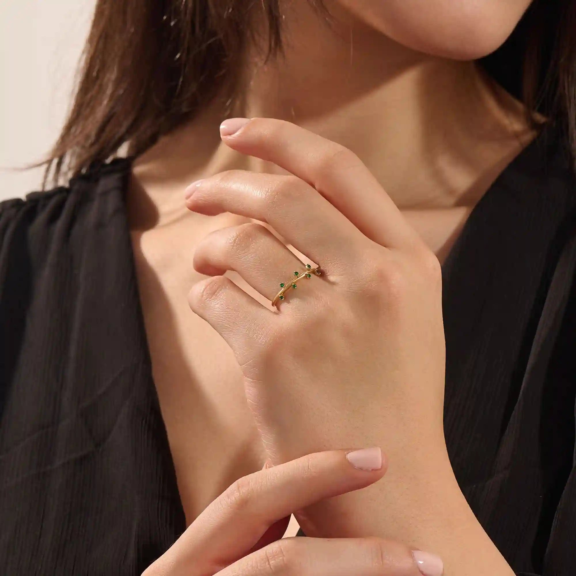 14K SOLID GOLD TINY EMERALD STACKING RING FOR WOMEN