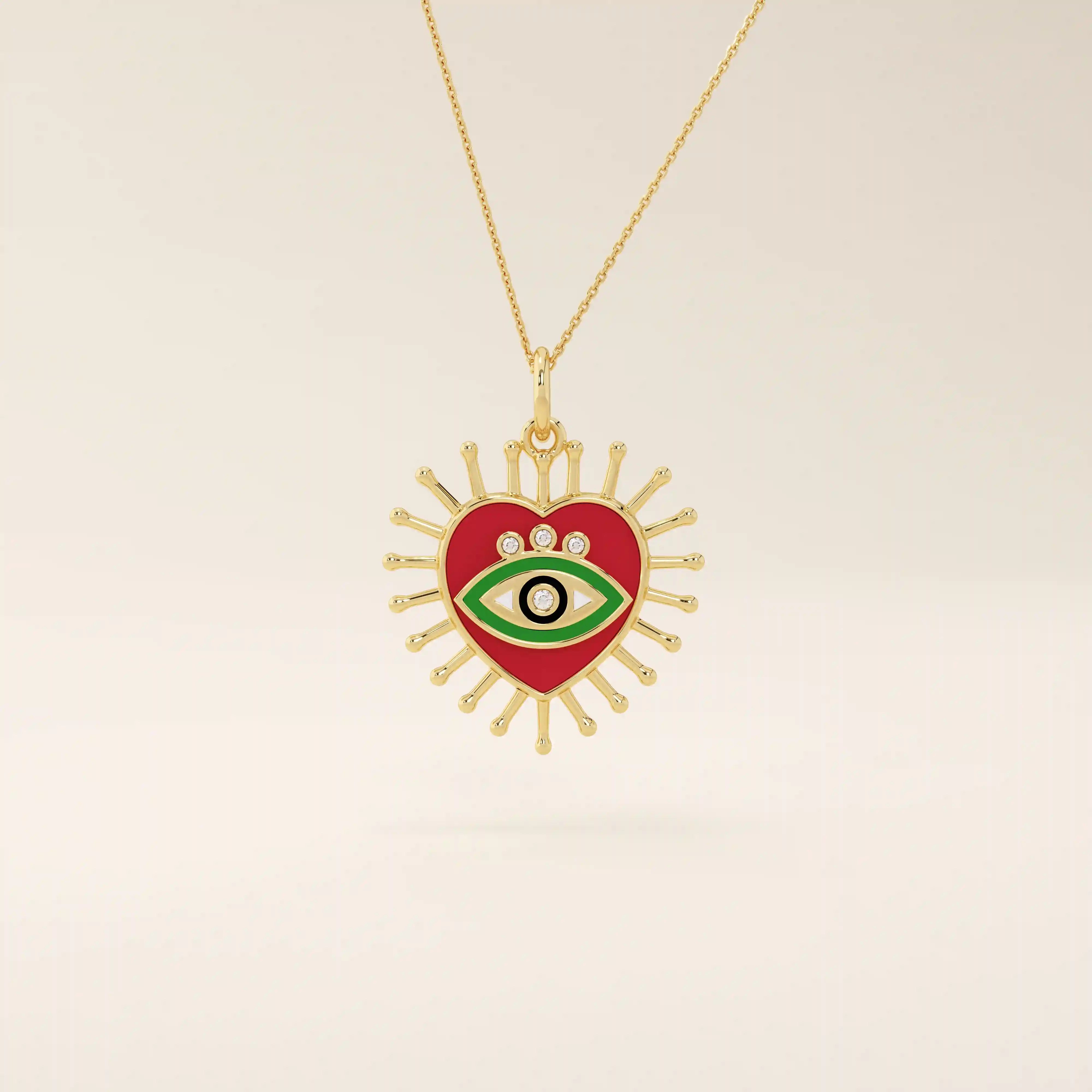 14K solid gold necklace features a beautifully detailed pink and blue enamel evil eye heart pendant