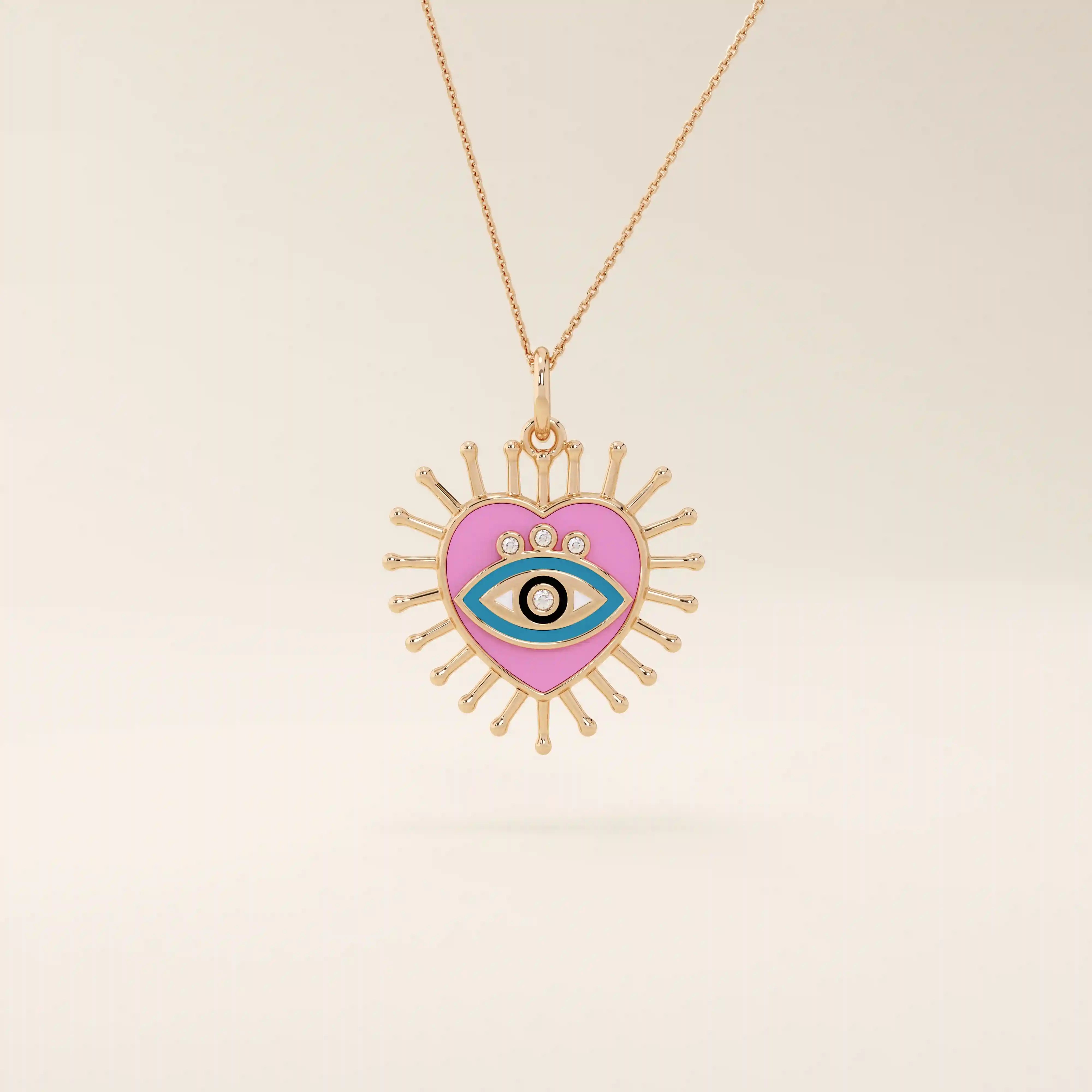 14K solid gold necklace features a beautifully detailed pink and blue enamel evil eye heart pendant