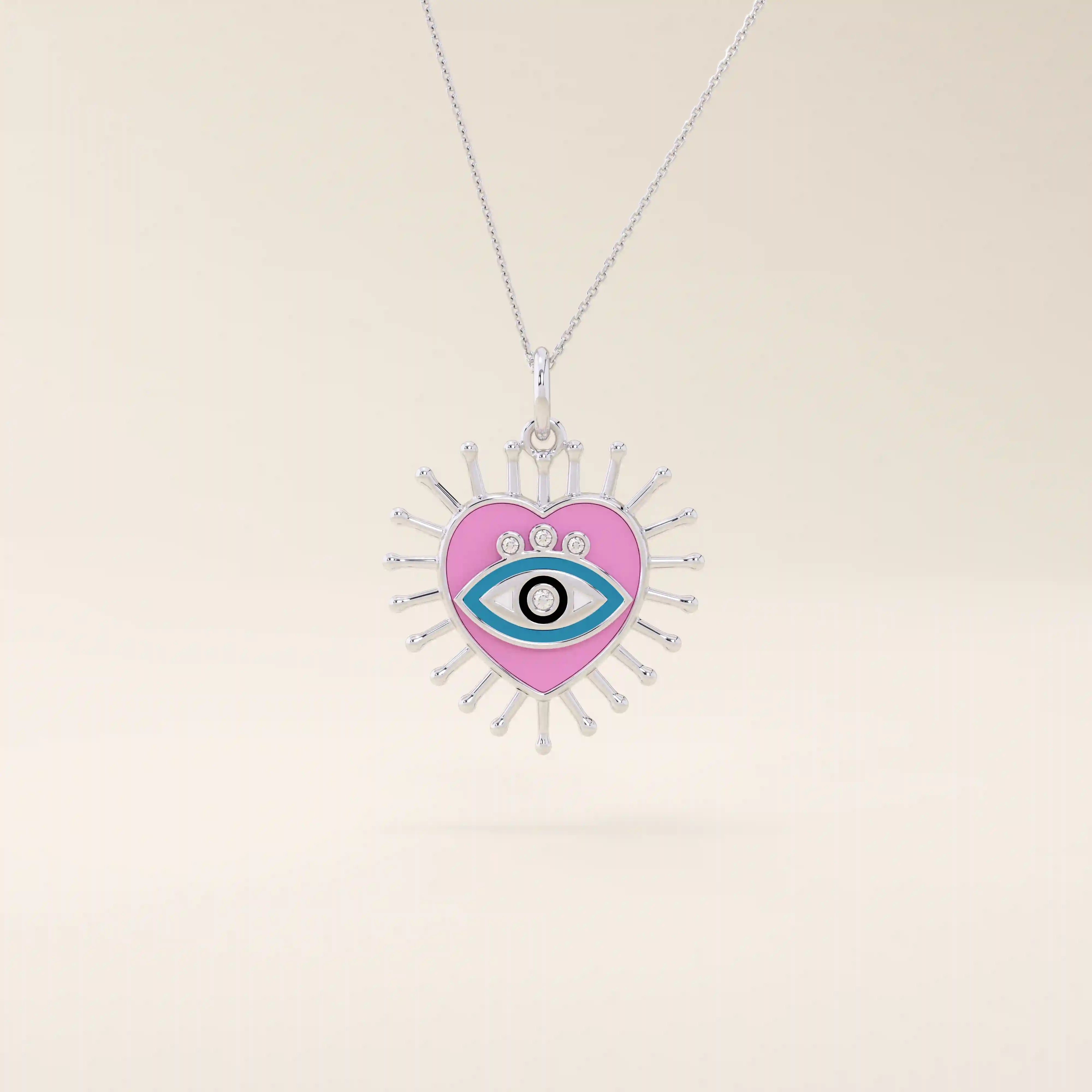 14K solid gold necklace features a beautifully detailed pink and blue enamel evil eye heart pendant