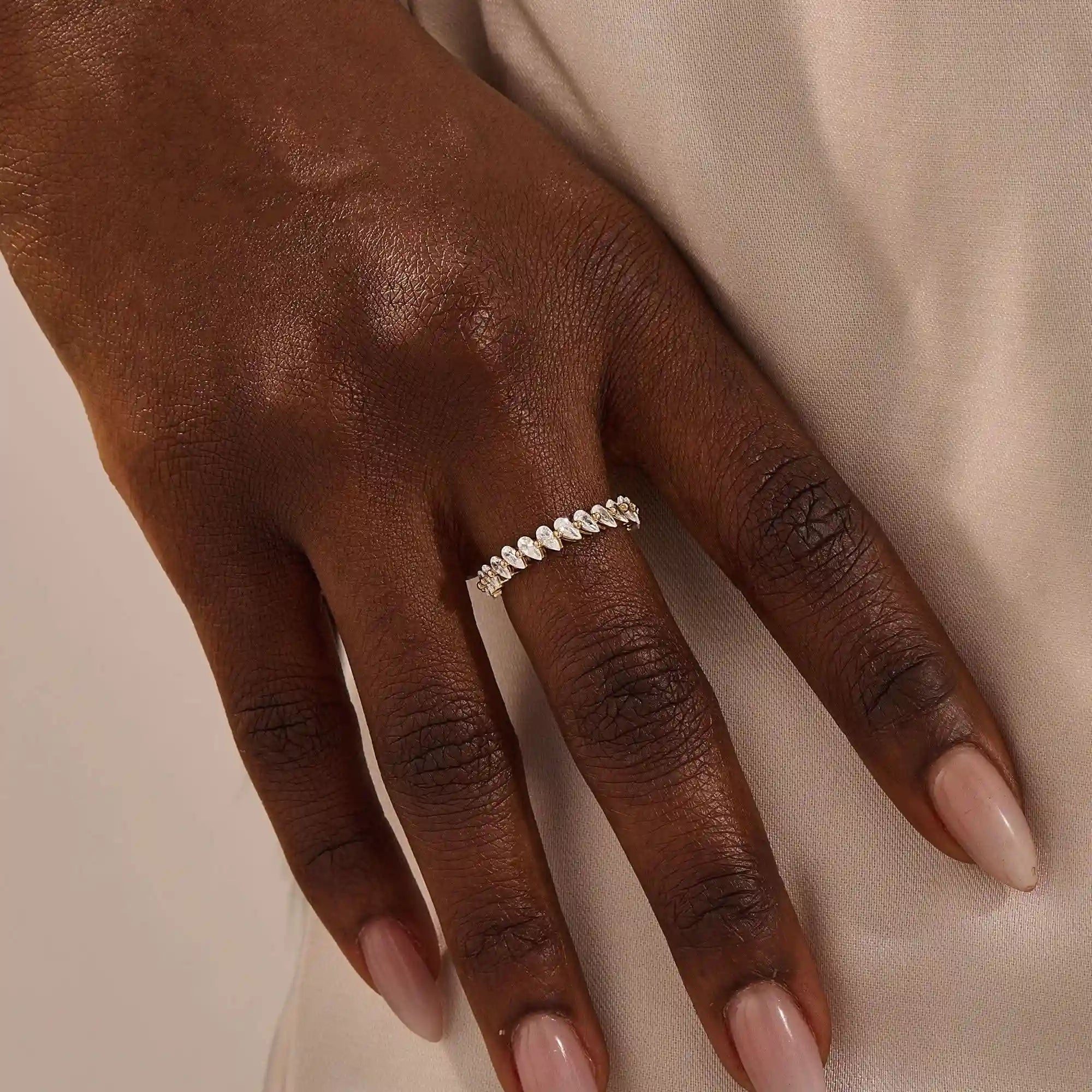 14K SOLID GOLD PAVE ETERNITY PEAR MOISSANITE STACKABLE WEDDING RING FOR WOMEN