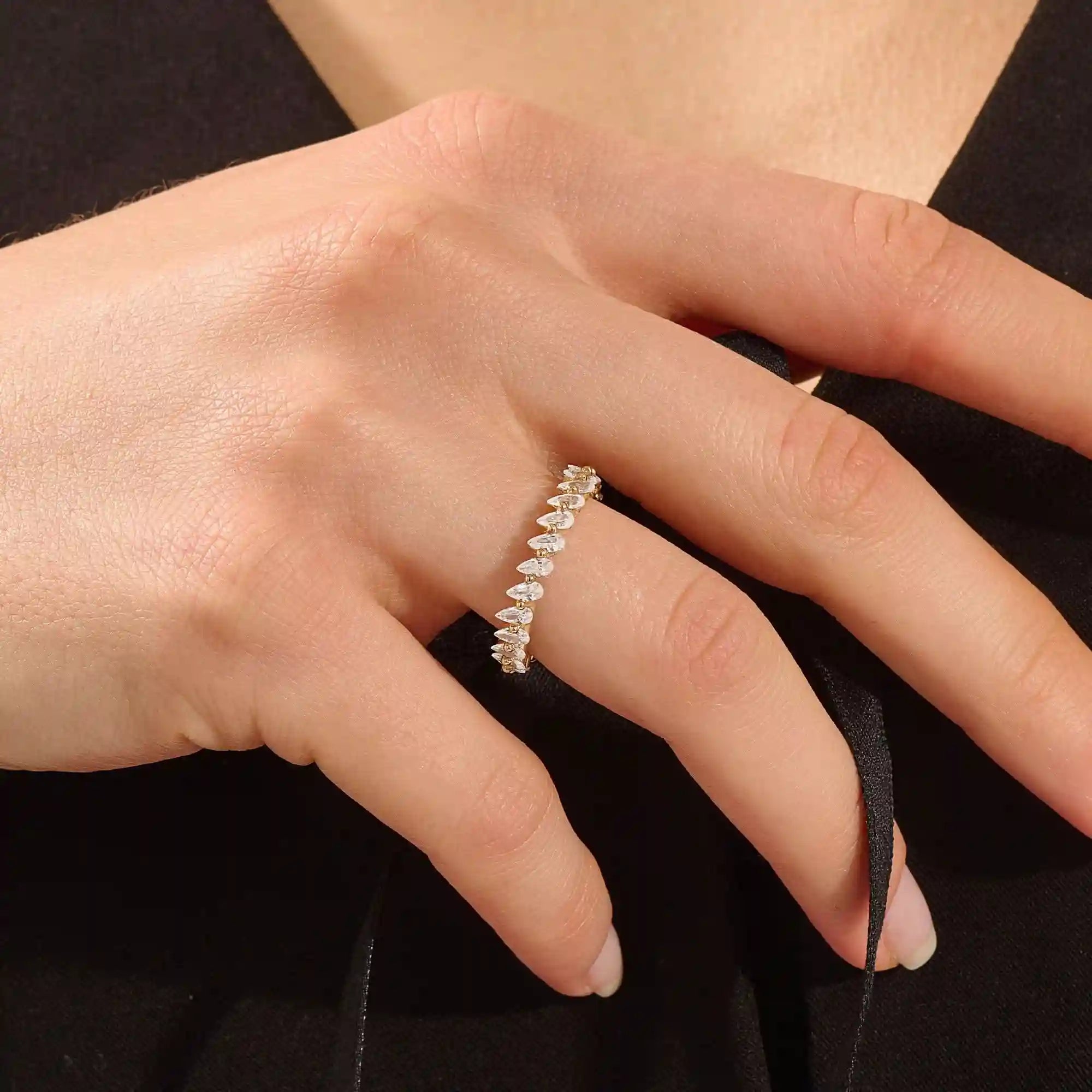 14K SOLID GOLD PAVE ETERNITY PEAR MOISSANITE STACKABLE WEDDING RING FOR WOMEN