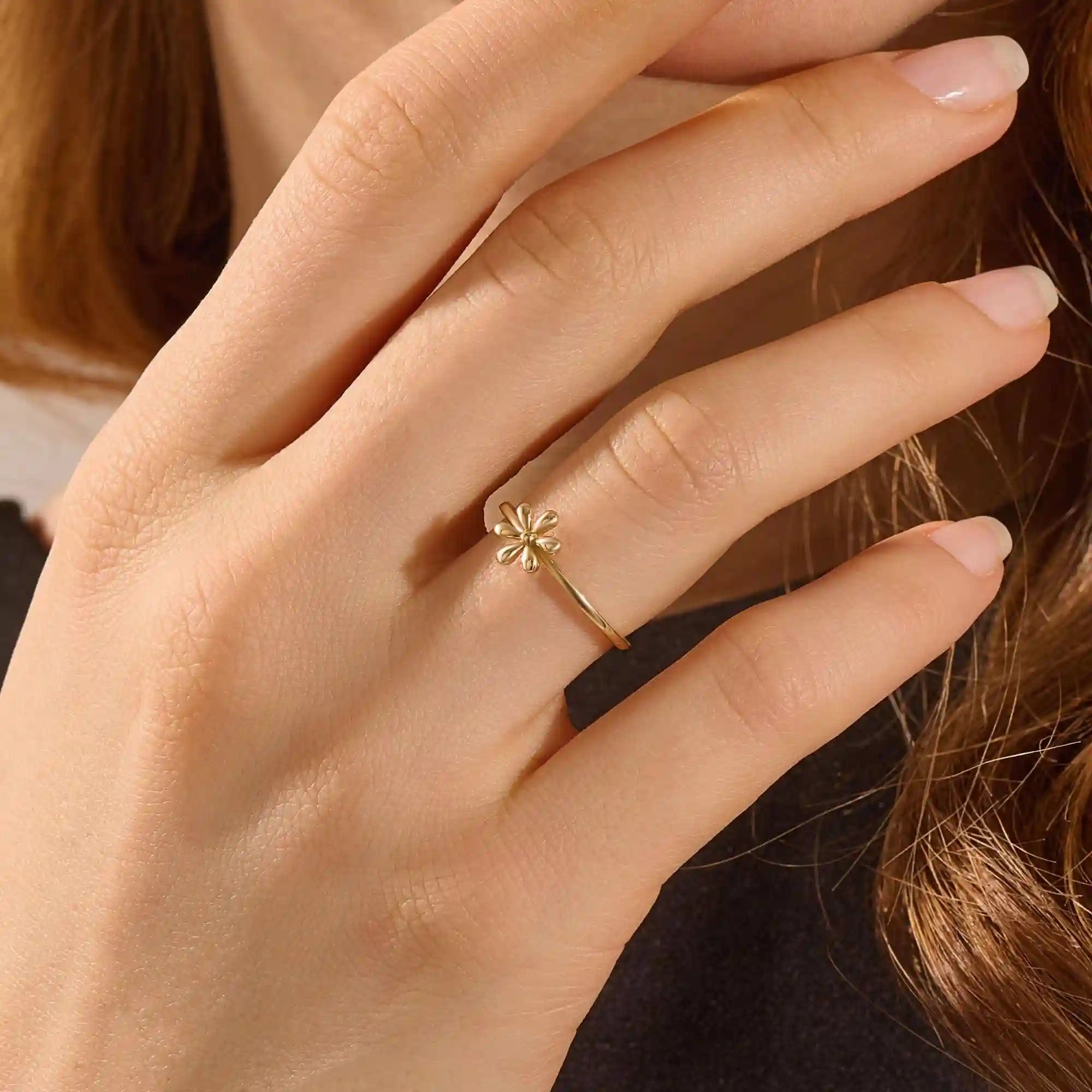 14K SOLID GOLD FLOWER DAISY STACKABLE STATEMENT RING FOR WOMEN