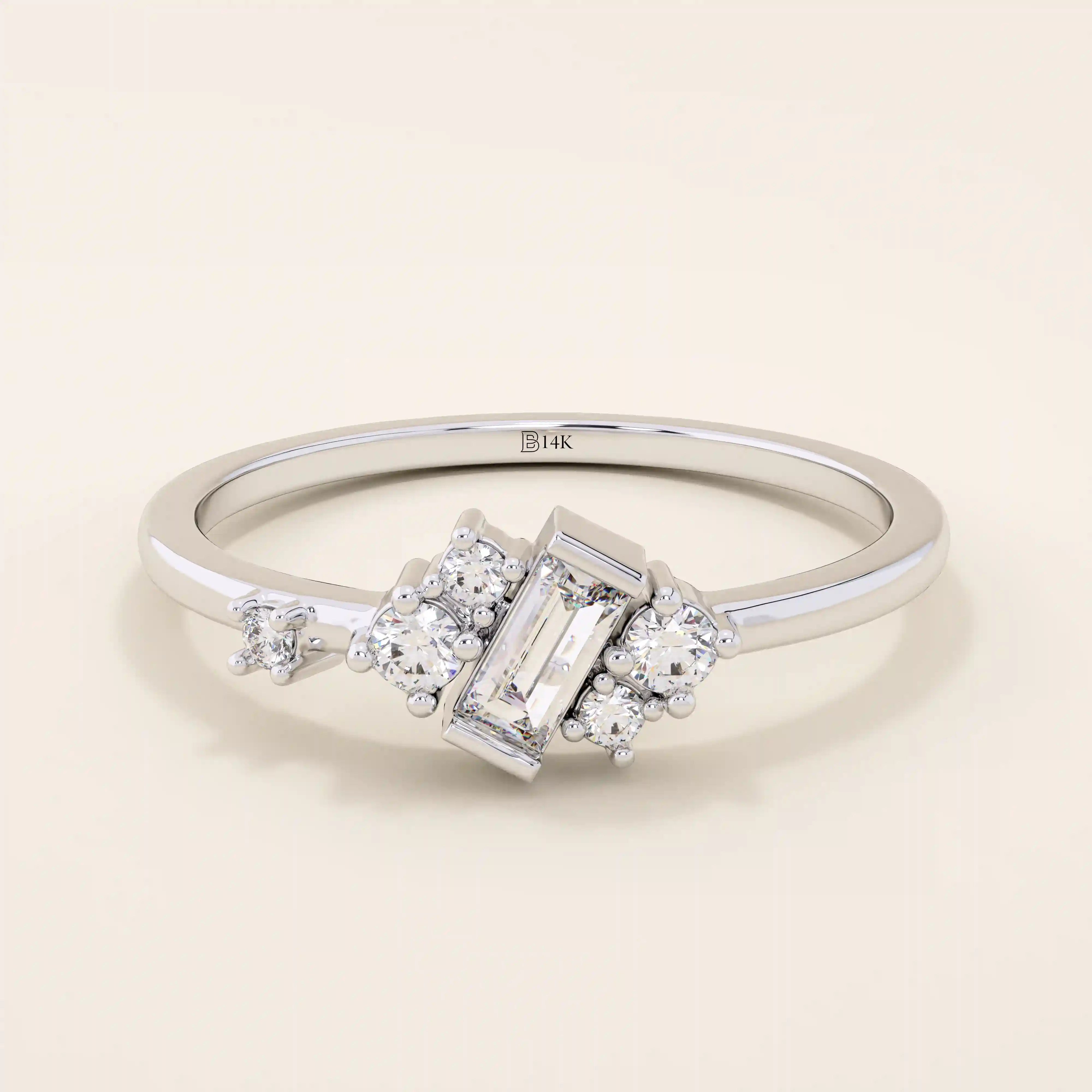 14K SOLID YELLOW GOLD BAR SET BAGUETTE CLUSTER STONES SMALL ENGAGEMENT RING FOR WOMEN