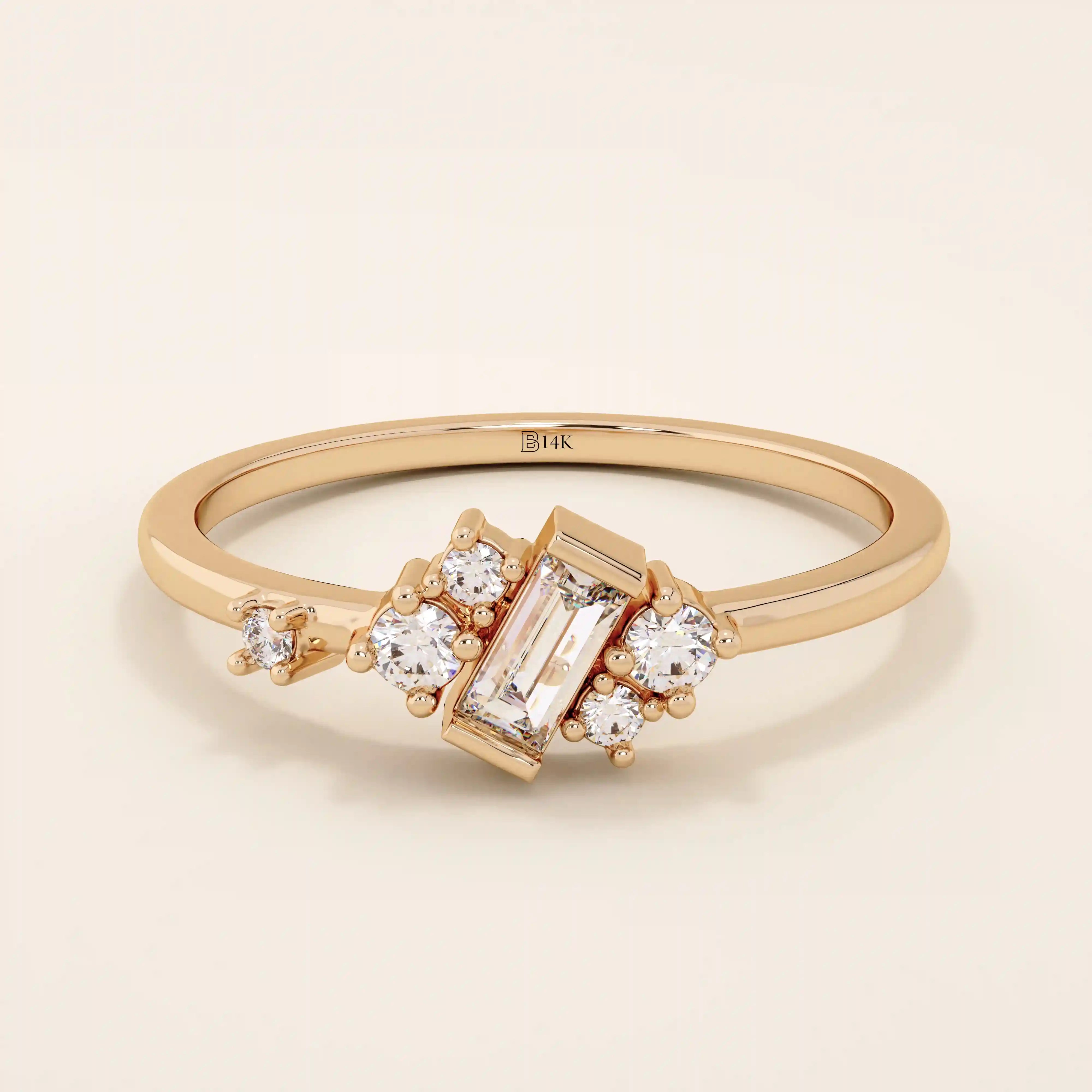 14K SOLID YELLOW GOLD BAR SET BAGUETTE CLUSTER STONES SMALL ENGAGEMENT RING FOR WOMEN